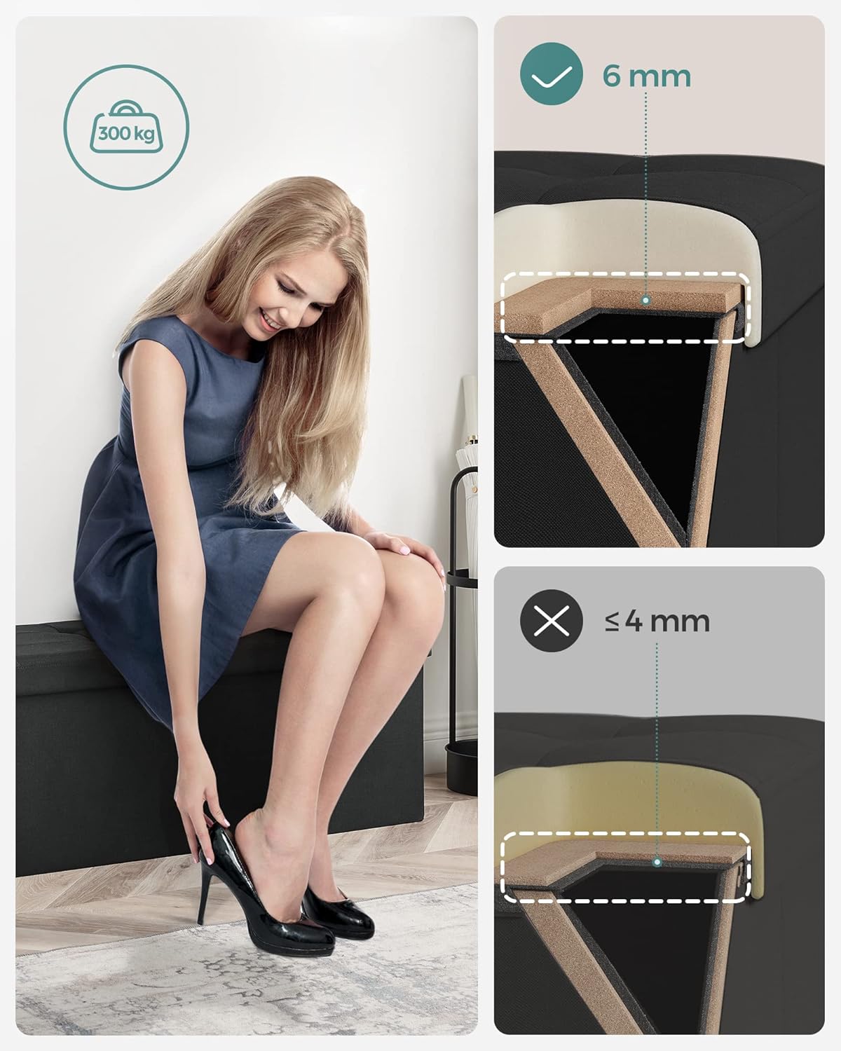 SONGMICS Taburet s úložným prostorem 110 x 38 x 38 cm černá - Obrázek 2