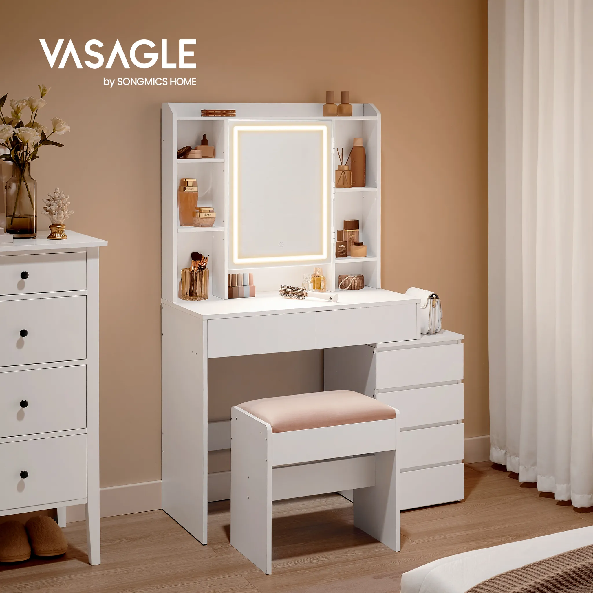 SONGMICS Toaletní stolek s LED osvětlením a taburetem Vasagle Ginny 98 cm bílý - Obrázek 2