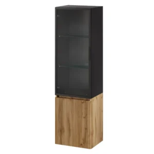 Szynaka Závěsná vysoká koupelnová skříňka Loris 70 40 cm dub Wotan/černá