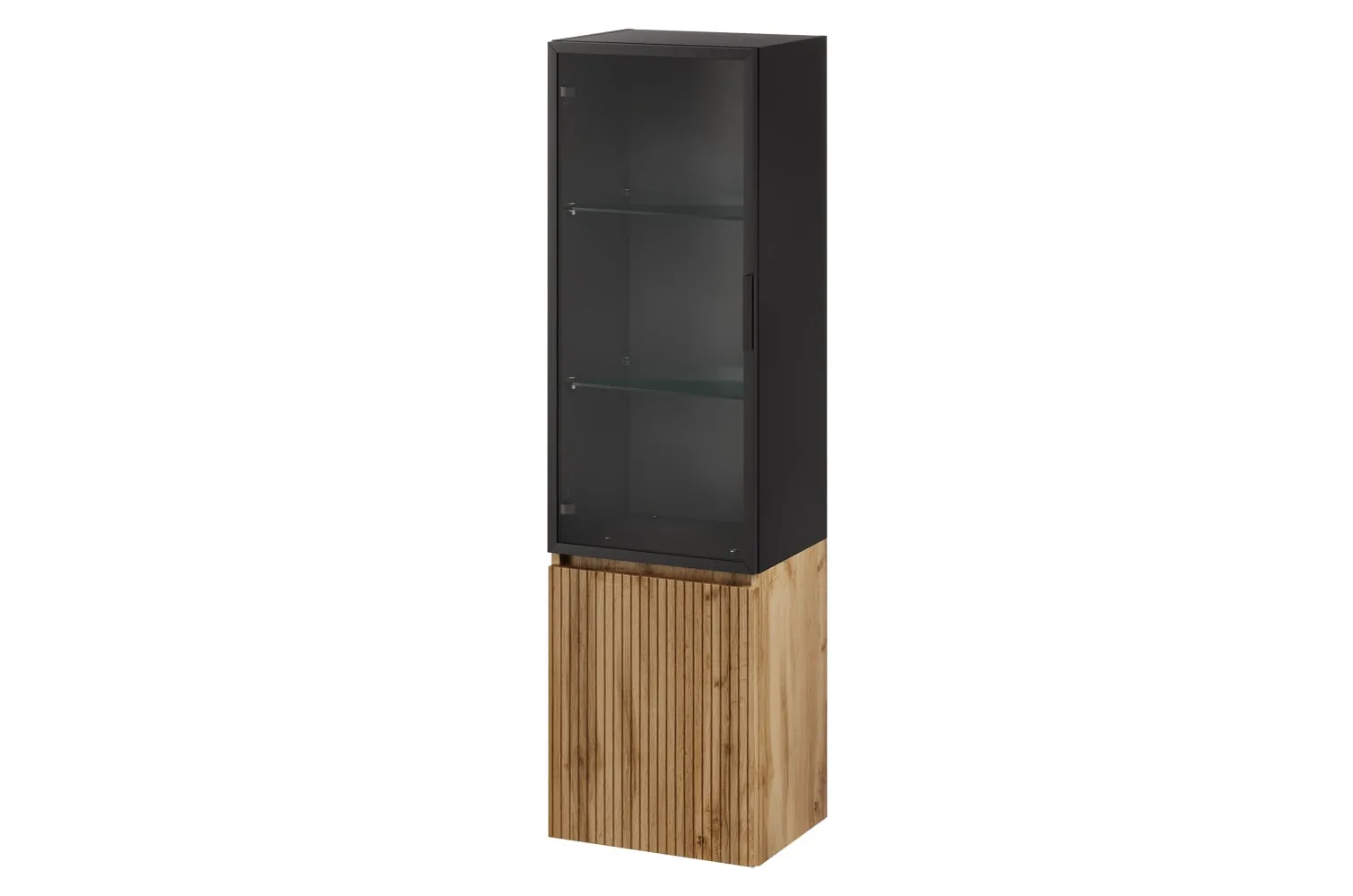 Szynaka Závěsná vysoká koupelnová skříňka Loris 70 40 cm dub Wotan/černá