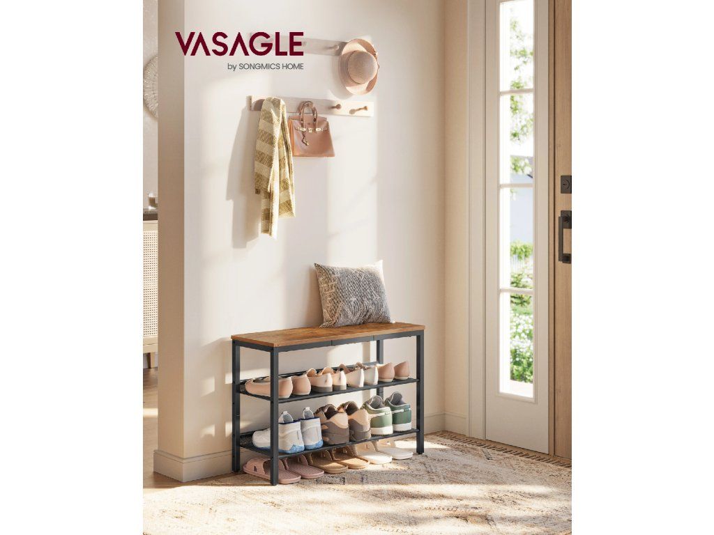 VASAGLE Botník 2 síťované police industriální styl 75 x 53 x 28 hnědá černá