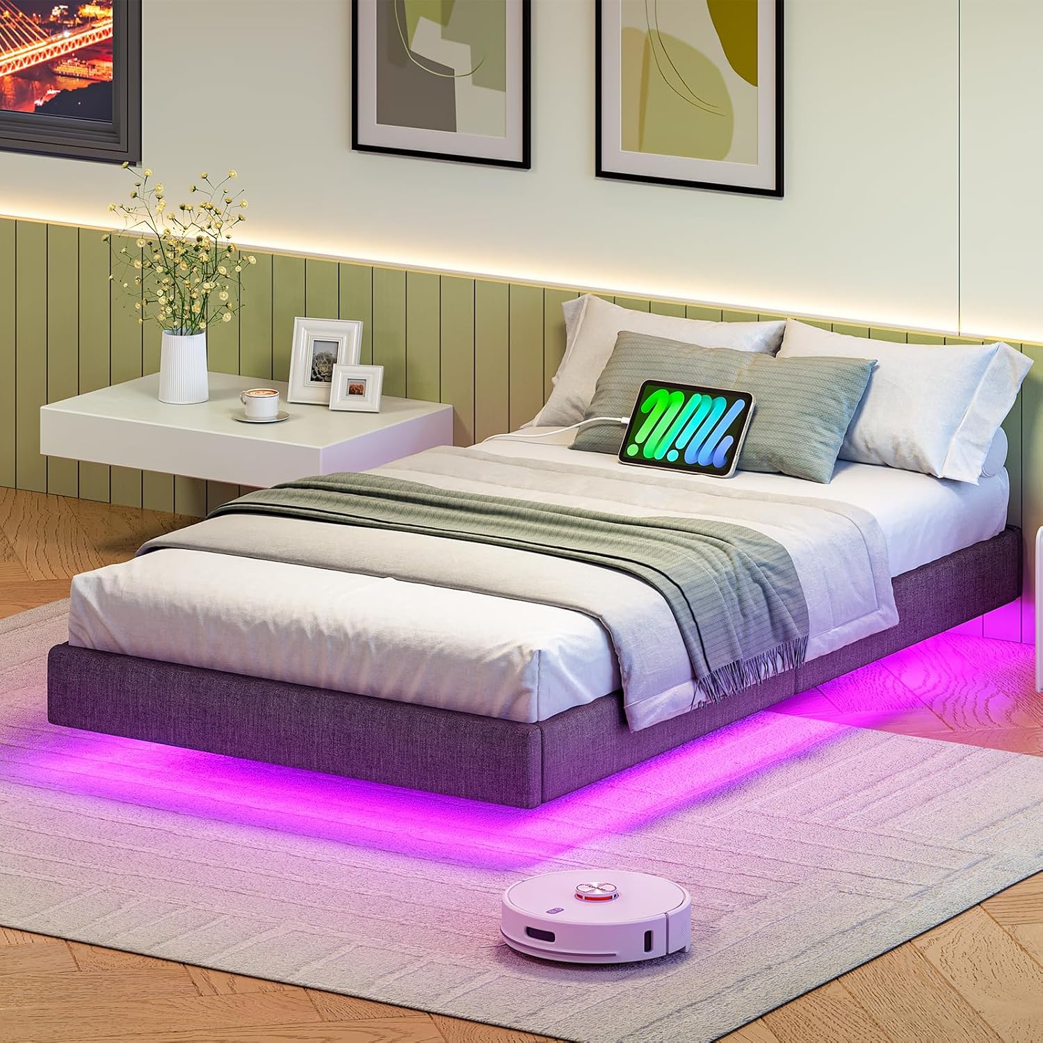 VASAGLE Jednolůžková postel Timaro s nabíjecí stanicí a LED osvětlením 90x200 šedá - Obrázek 2