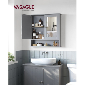 VASAGLE Koupelnová skříňka se 2 zrcadlovými dvířky a otevřeným prostorem 57 x 59 x 13 cm šedá