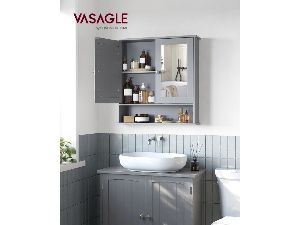 VASAGLE Koupelnová skříňka se 2 zrcadlovými dvířky a otevřeným prostorem 57 x 59 x 13 cm šedá