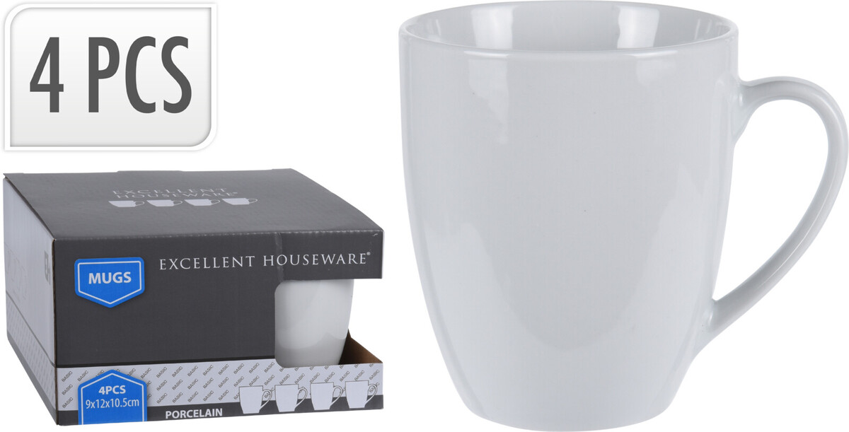 PROHOME - Hrnek 380ml 4ks bílý, výška 10,5cm, keramika