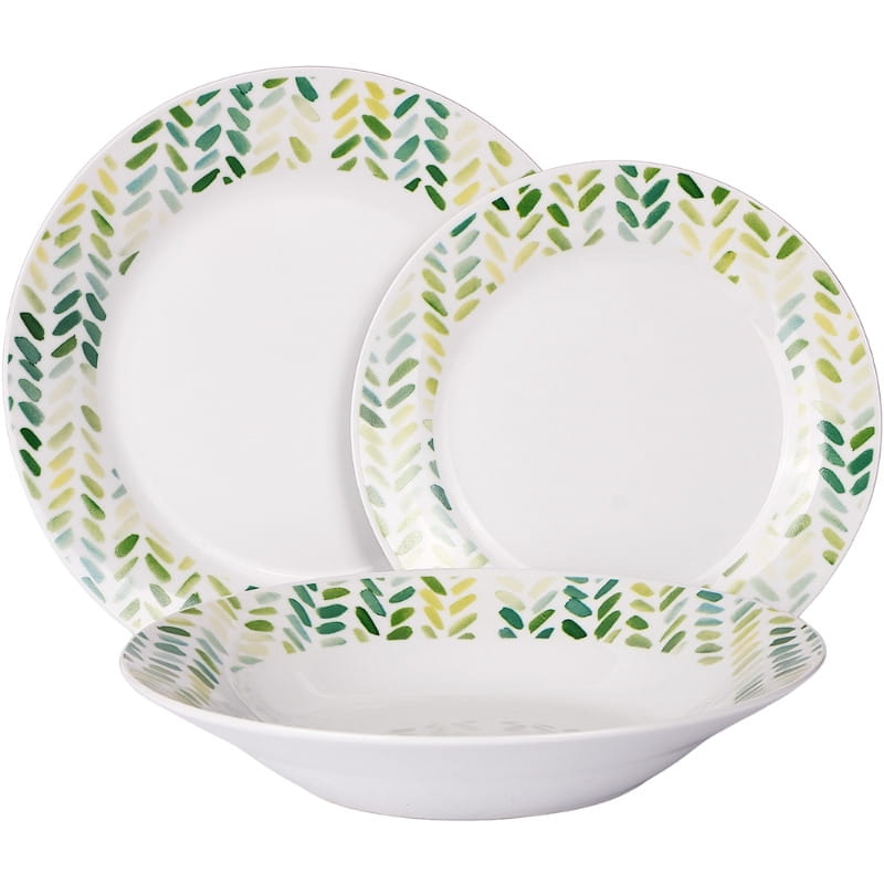 VERONI - Talíř sada Wenus 18dílná zelené lístky, porcelán