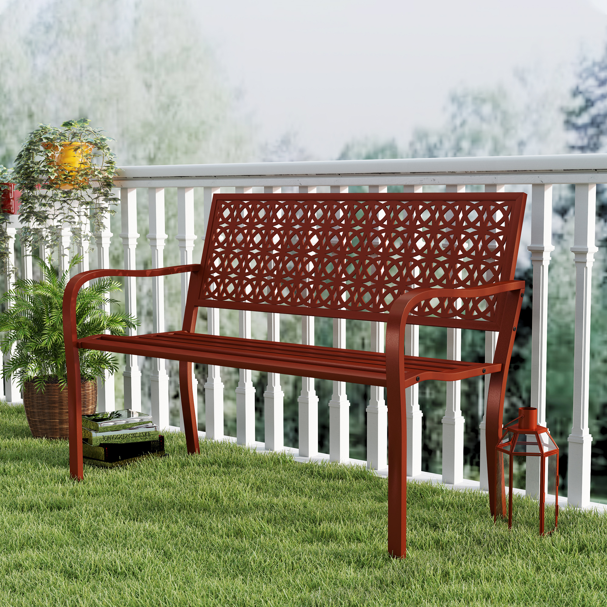 OUTSUNNY Dvoumístná kovová zahradní lavice s područkami nosnost 240 kg 127 x 63 x 85 cm červená - Obrázek 2