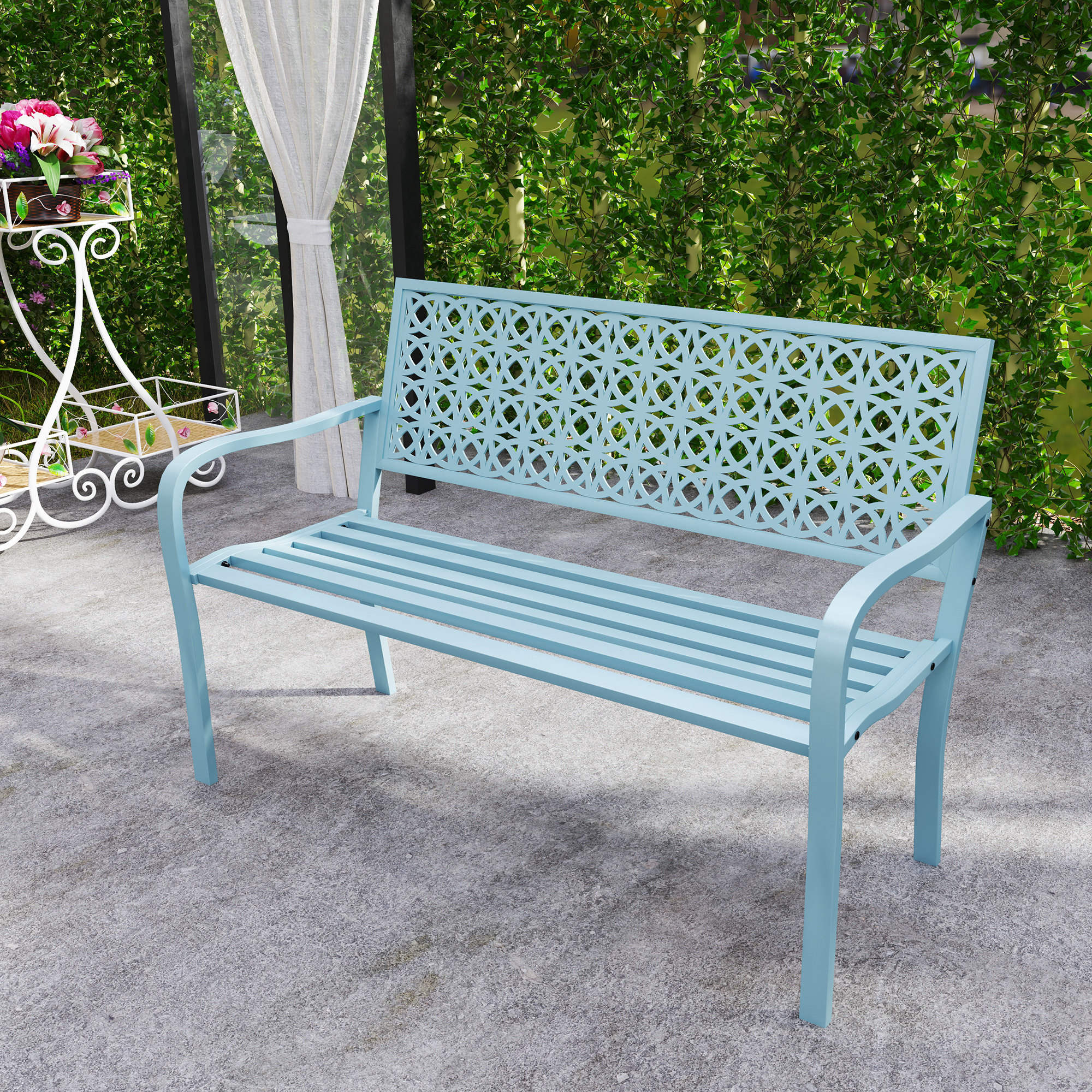 OUTSUNNY Dvoumístná kovová zahradní lavice s područkami nosnost 240 kg 127 x 63 x 85 cm světle modrá - Obrázek 2