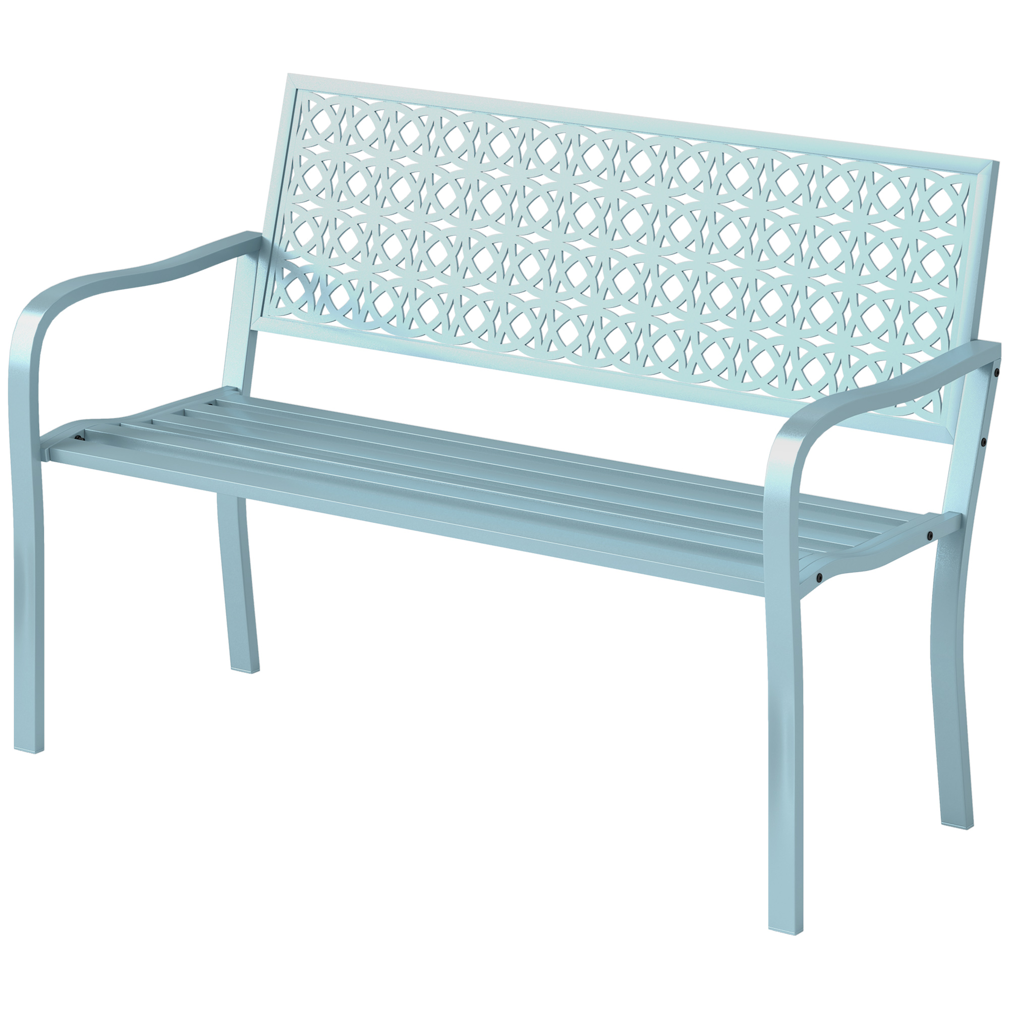 OUTSUNNY Dvoumístná kovová zahradní lavice s područkami nosnost 240 kg 127 x 63 x 85 cm světle modrá