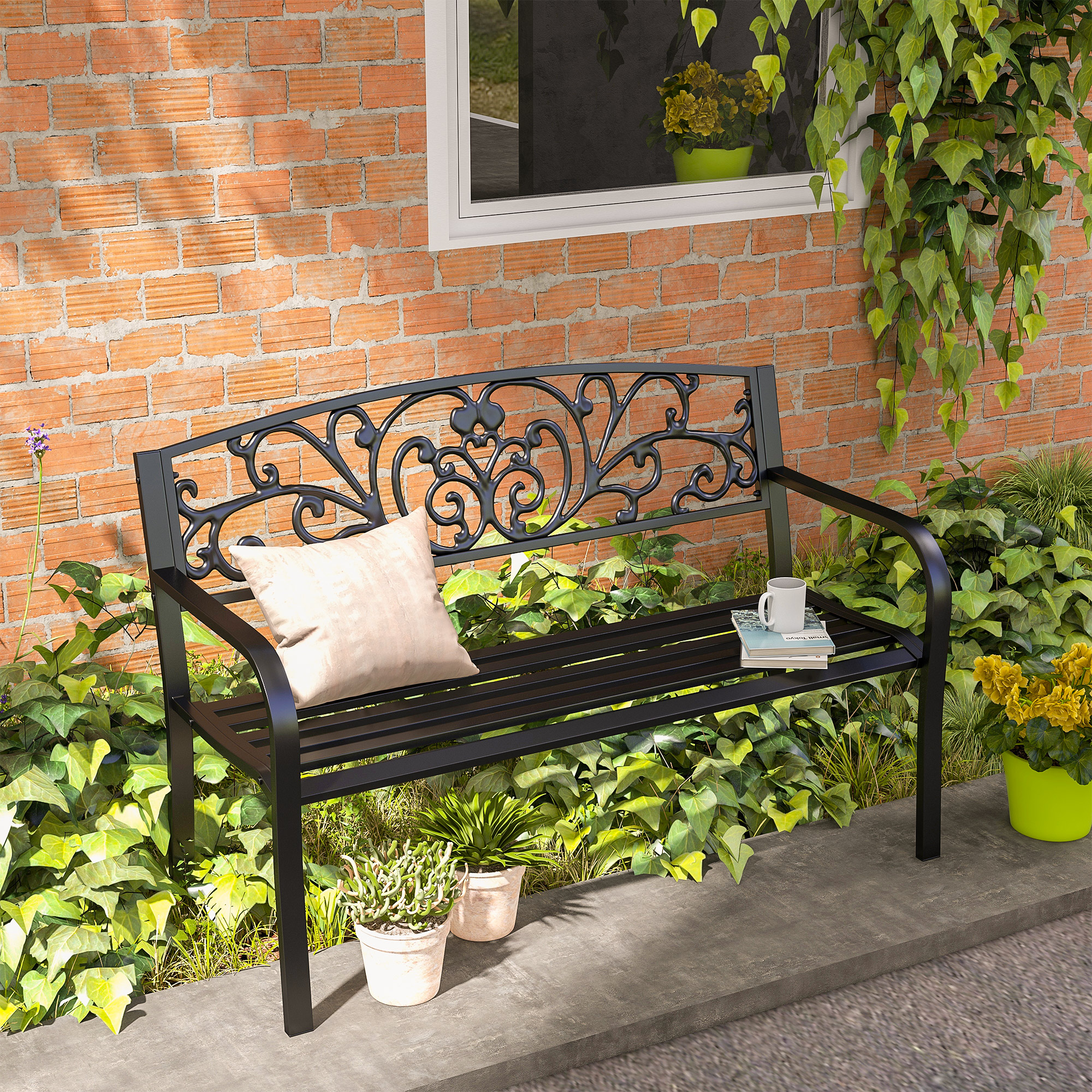 OUTSUNNY Zahradní lavice BLOSSOM kovová dvoumístná černá - Obrázek 2