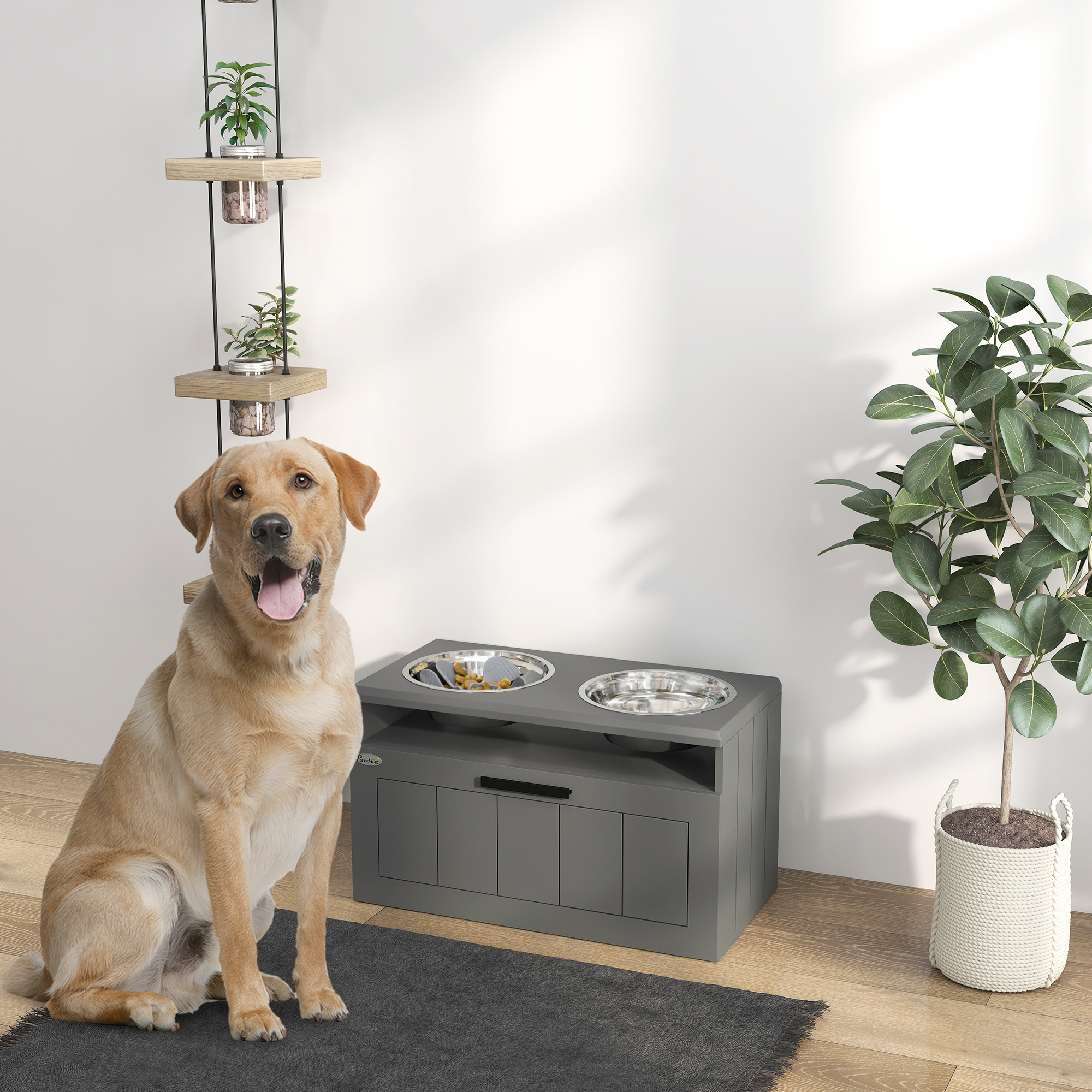 PAWHUT Stolek pro psy se 2 miskami a skříňkou 60 x 35 x 30 cm šedá - Obrázek 2