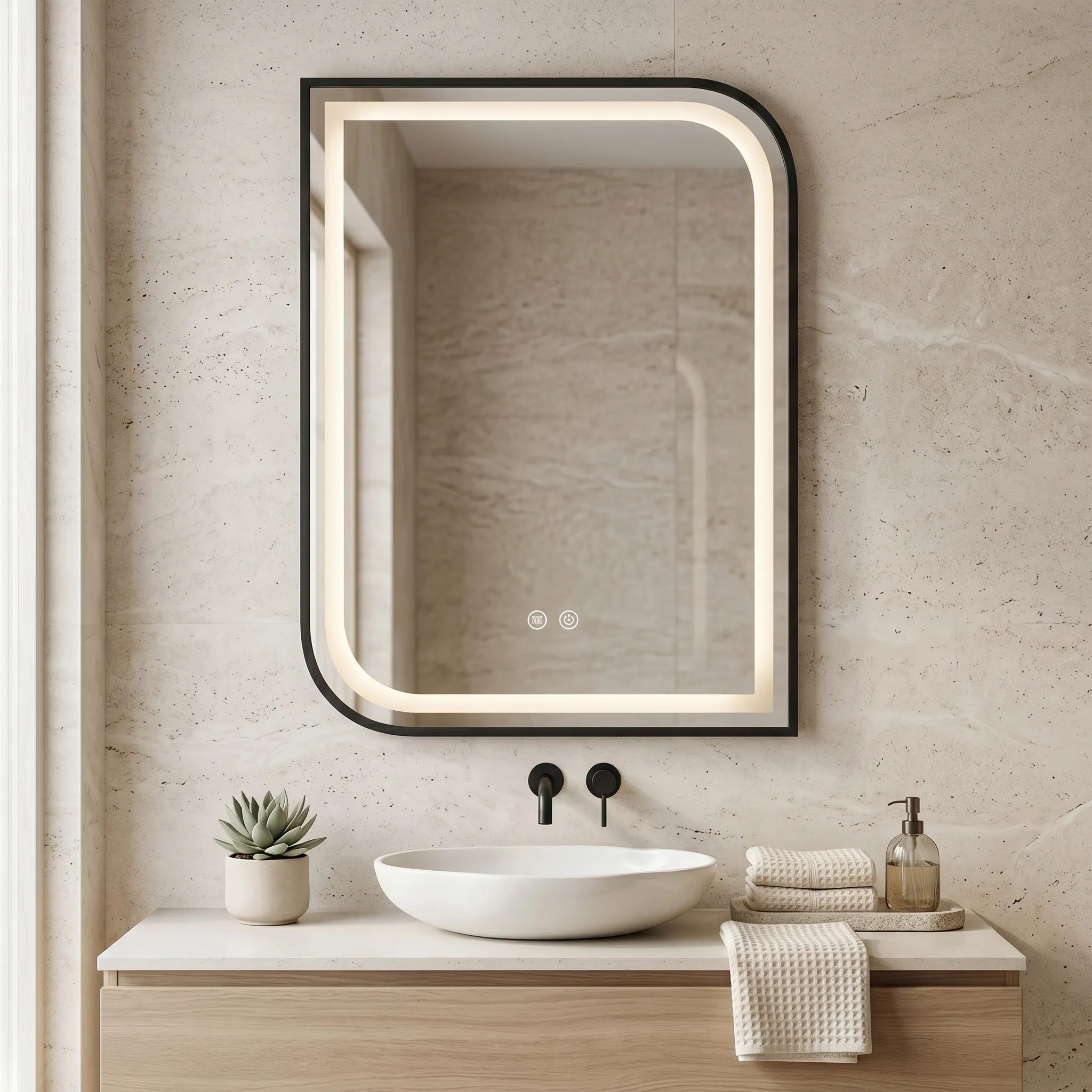 Rea Zrcadlo 70x50 cm s vyhříváním a regulovatelným LED osvětlením HOM-00302 černá kartáčovaná - Obrázek 2