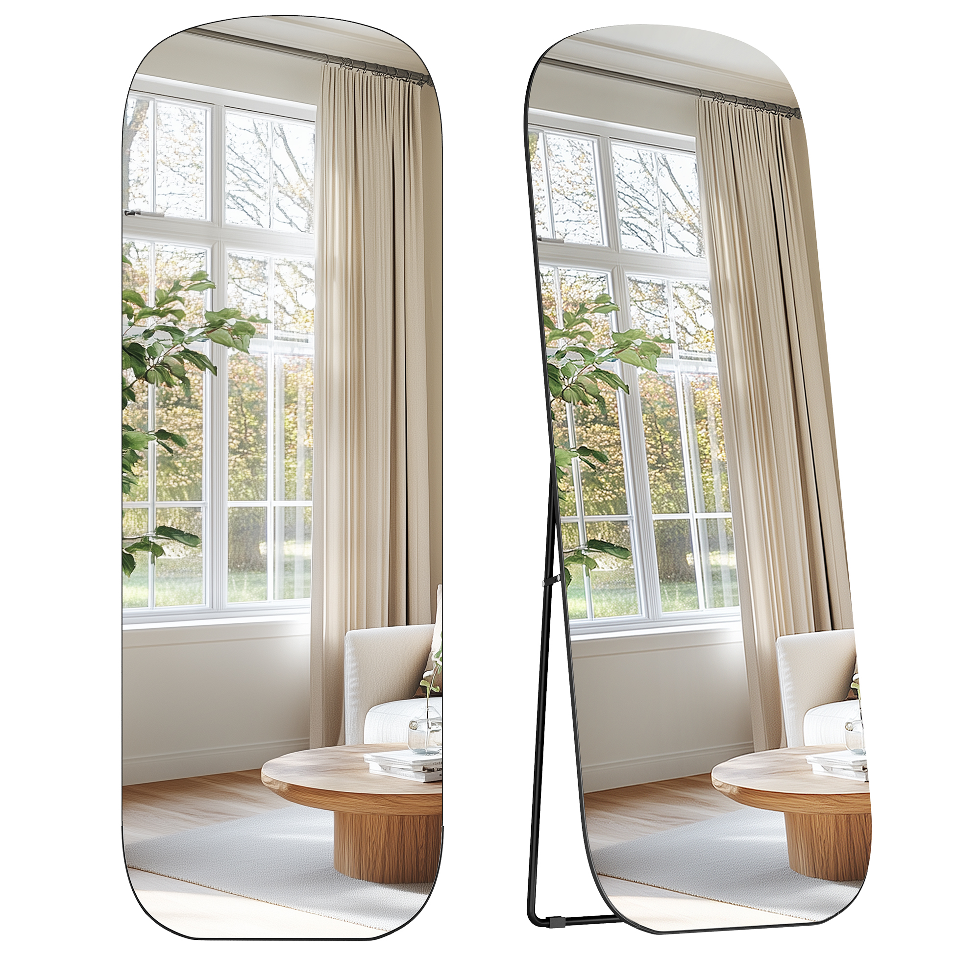 SONGMICS Bezrámové stojací zrcadlo zaoblené tvrzené sklo 160 x 50 cm černá - Obrázek 2