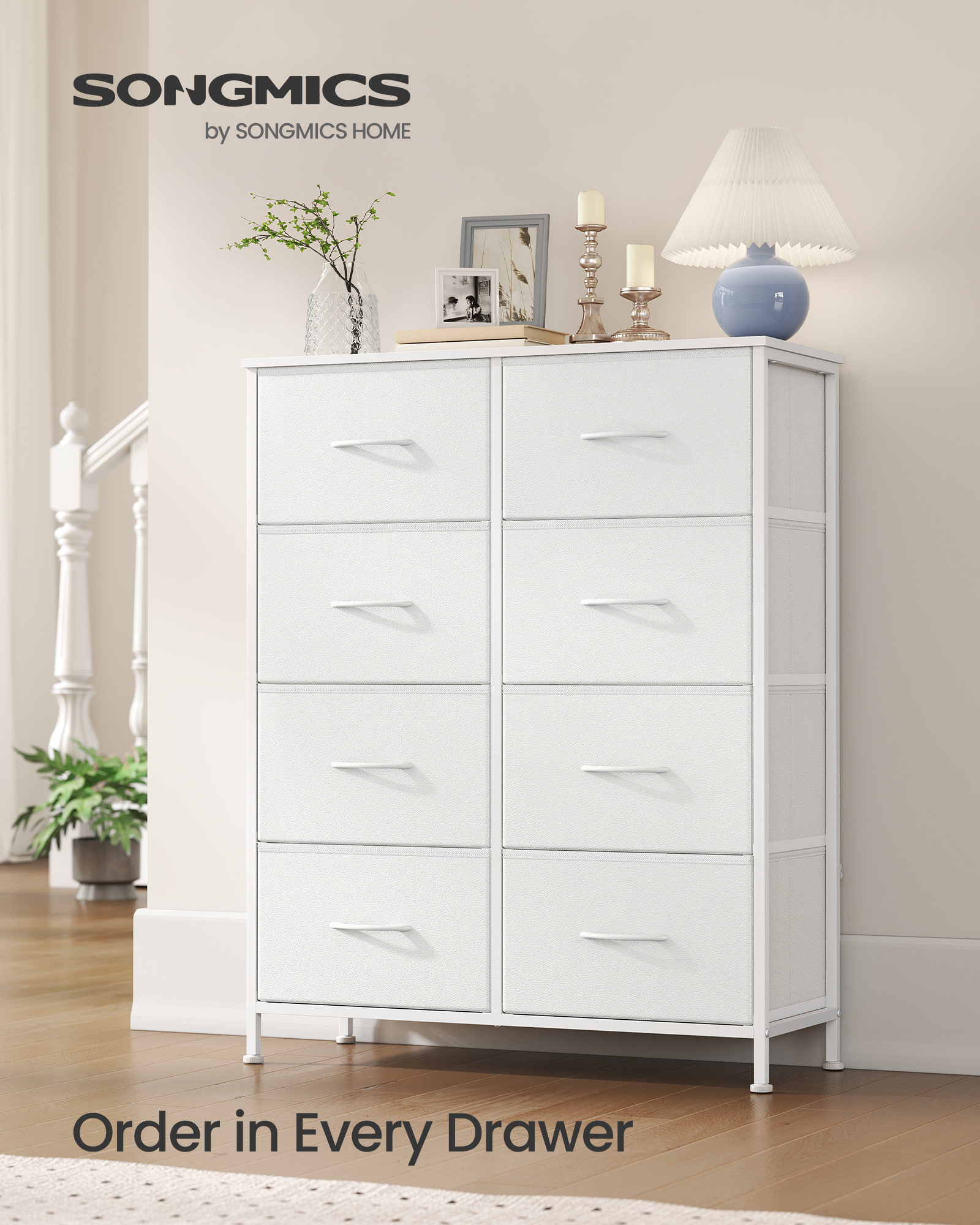 SONGMICS Komoda 8 látkových zásuvek 77 x 95 x 30 cm bílá