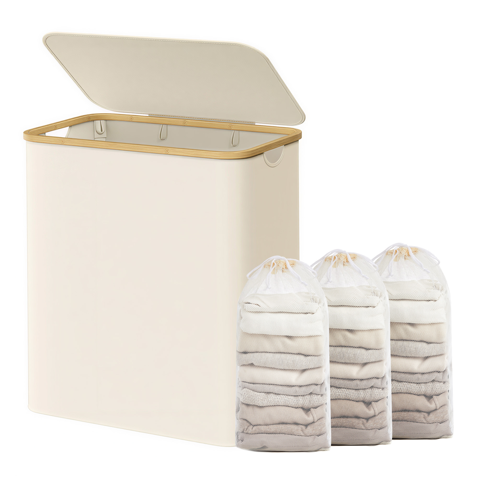 SONGMICS Prádelní koš skládací s víkem oxfordská tkanina 150 l vyjímatelná vložka 60 x 71 x39 cm krémová - Obrázek 2