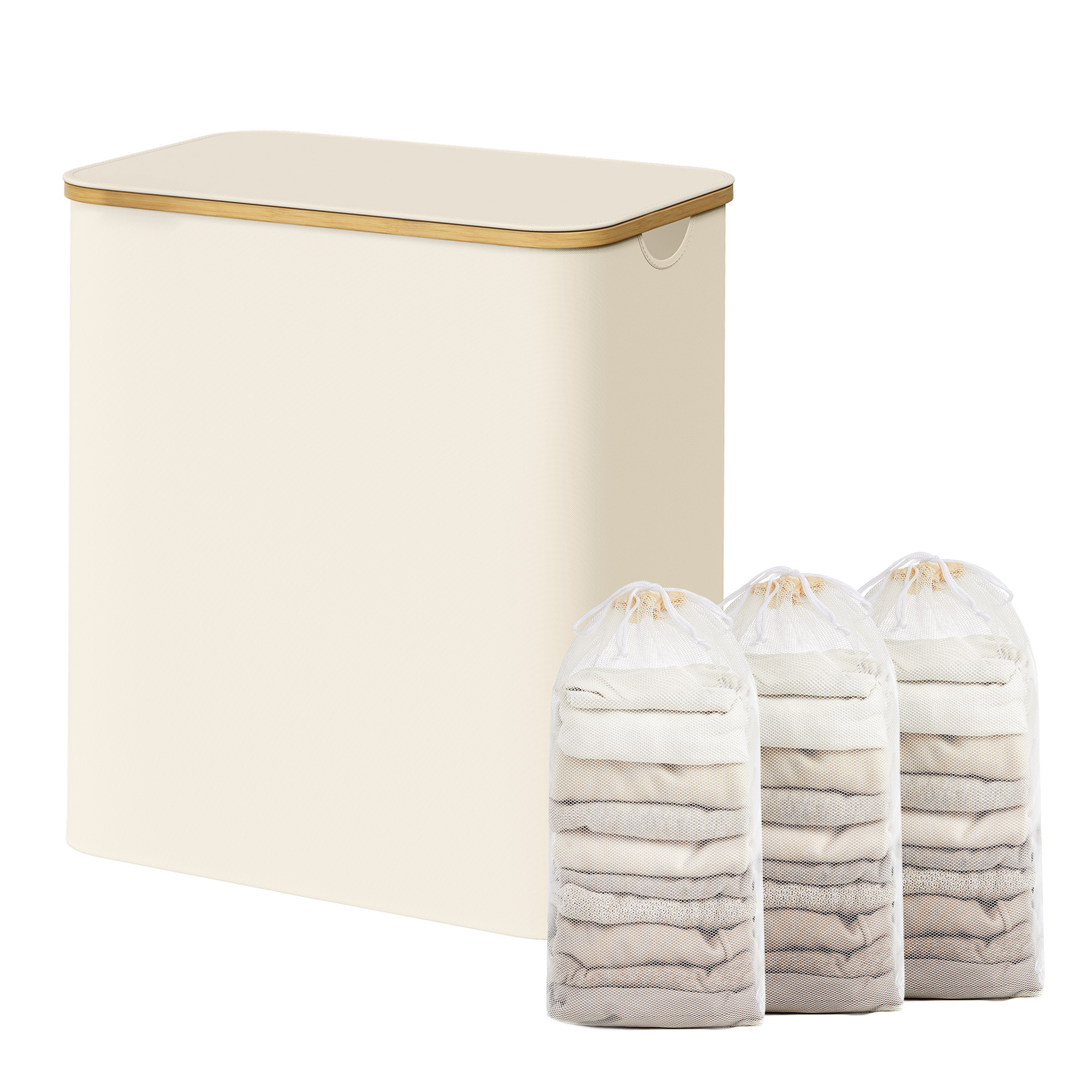 SONGMICS Prádelní koš skládací s víkem oxfordská tkanina 150 l vyjímatelná vložka 60 x 71 x39 cm krémová