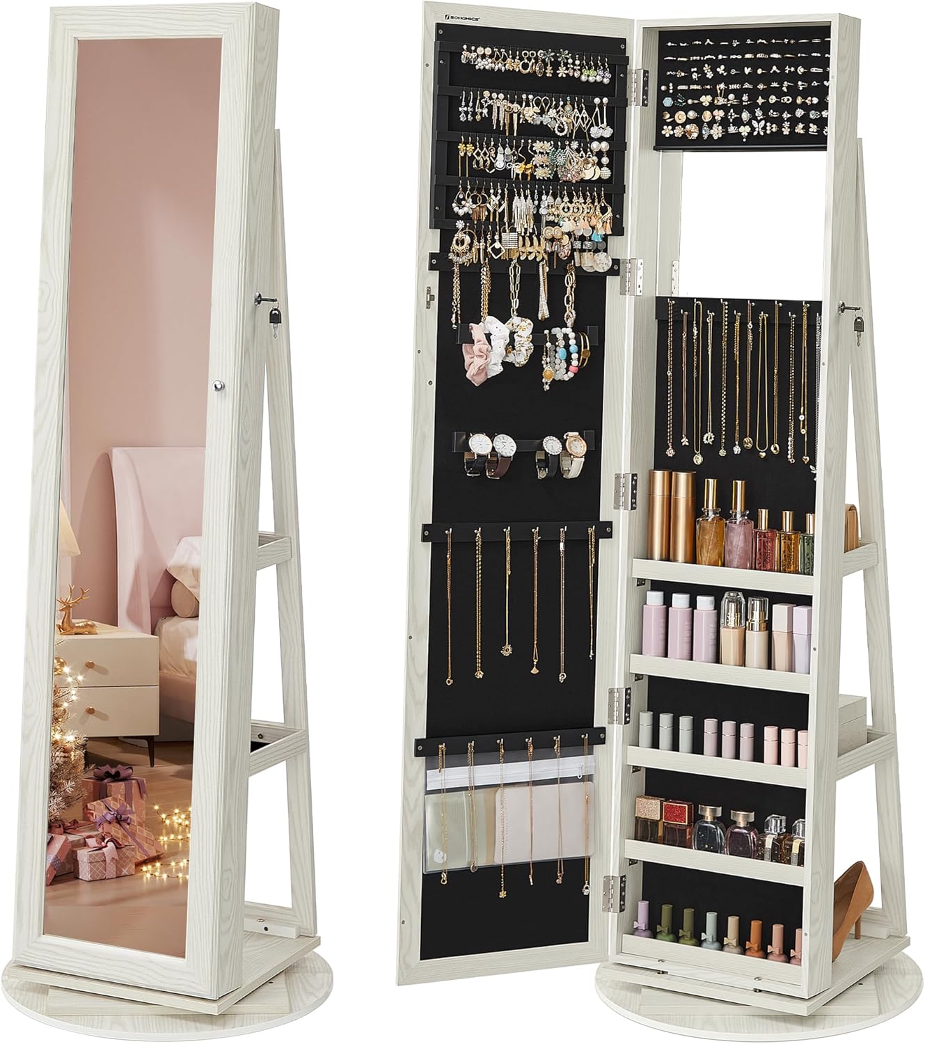 SONGMICS Stojací otočná šperkovnice vysoké zrcadlo 54 x 161 x 54 cm bílá