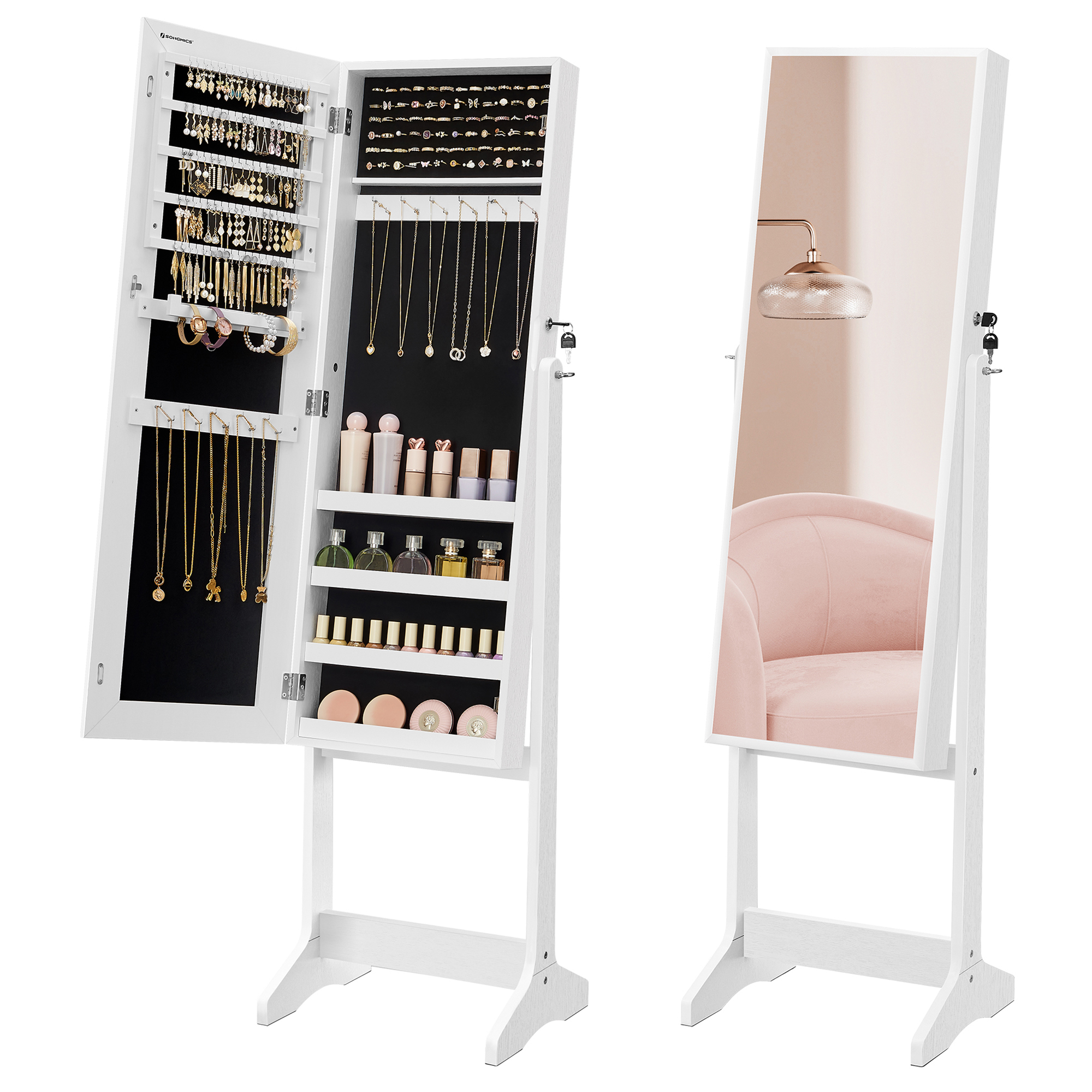 SONGMICS Zrcadlová stojací šperkovnice 41 x 152 x 37 cm bílá - Obrázek 2