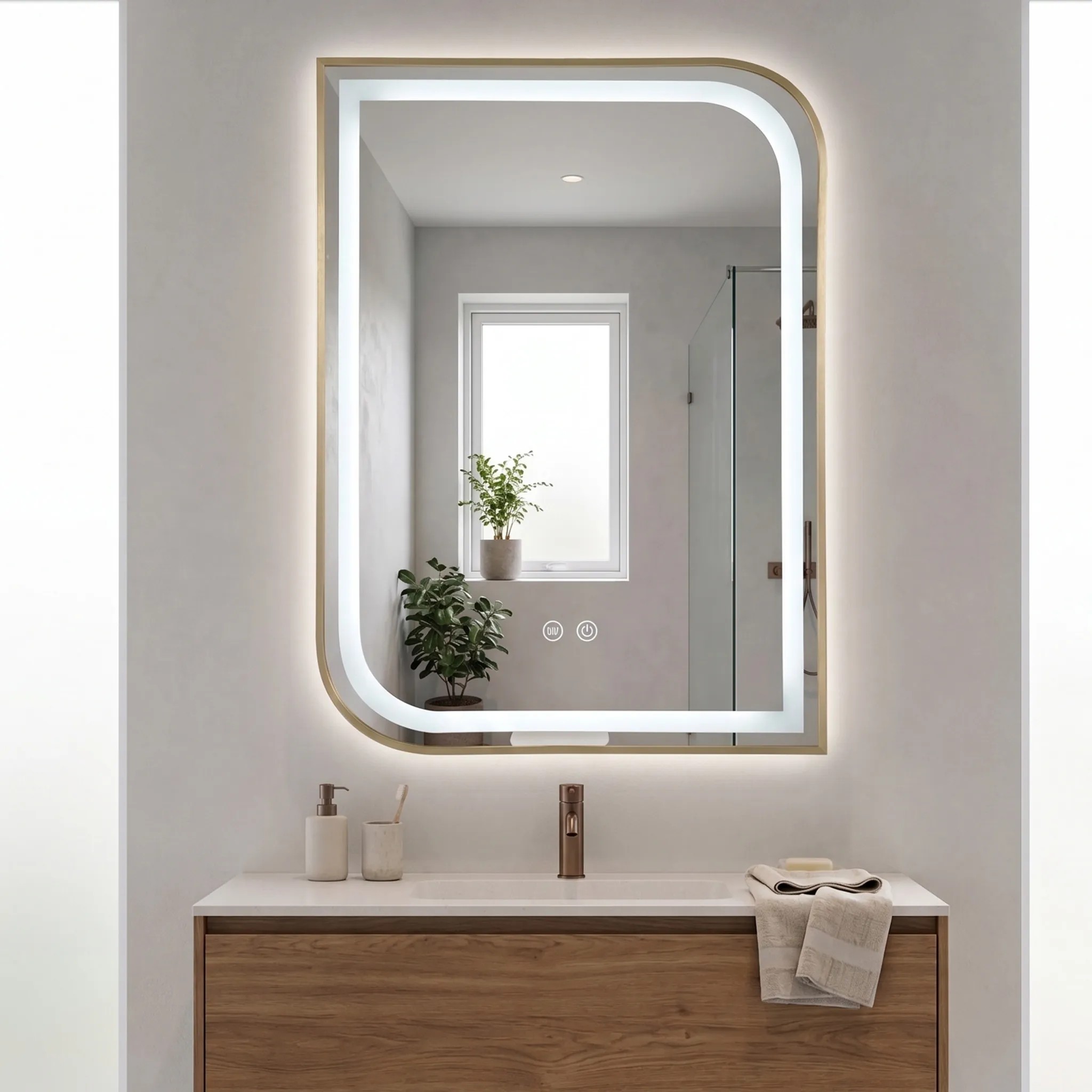 Tutumi Zrcadlo 70x50 cm s vyhříváním a regulovatelným LED osvětlením HOM-00303 zlatá - Obrázek 2