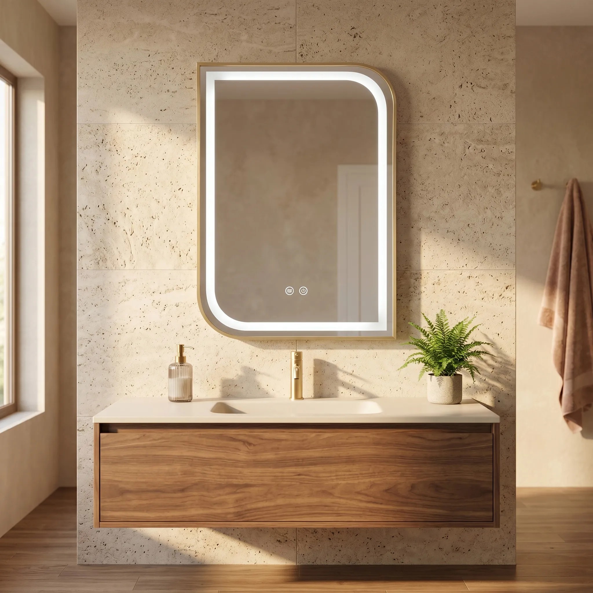 Tutumi Zrcadlo 80x60 cm s vyhříváním a regulovatelným LED osvětlením HOM-00209 kartáčovaná zlatá - Obrázek 2