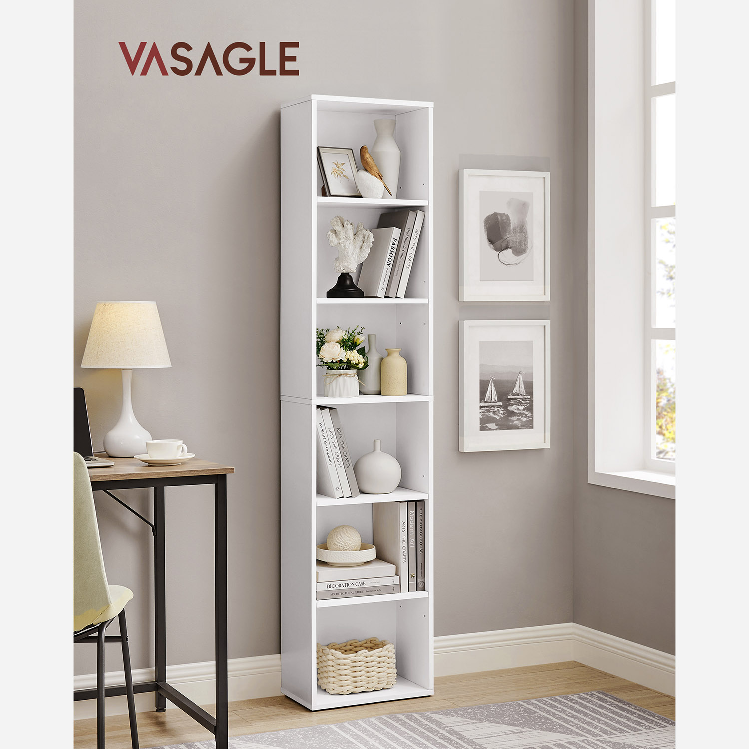 VASAGLE Knihovna vysoká úzká 40 x 179 x 24 cm bílá - Obrázek 2