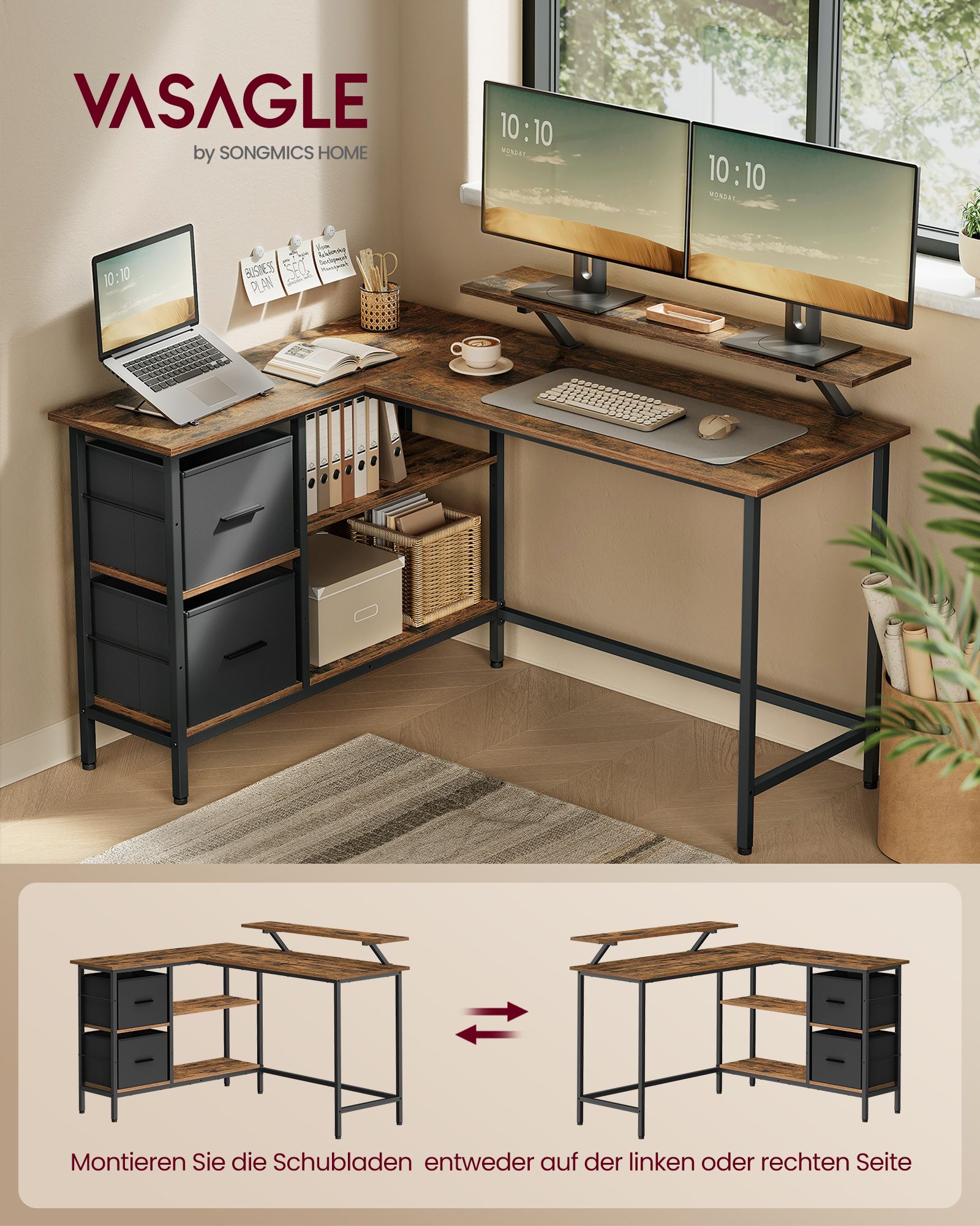 VASAGLE Rohový psací stůl s policí a úložnými boxy 135 x 90 x 105 cm hnědý - Obrázek 2
