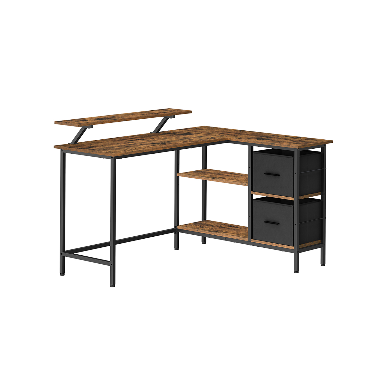 VASAGLE Rohový psací stůl s policí a úložnými boxy 135 x 90 x 105 cm hnědý