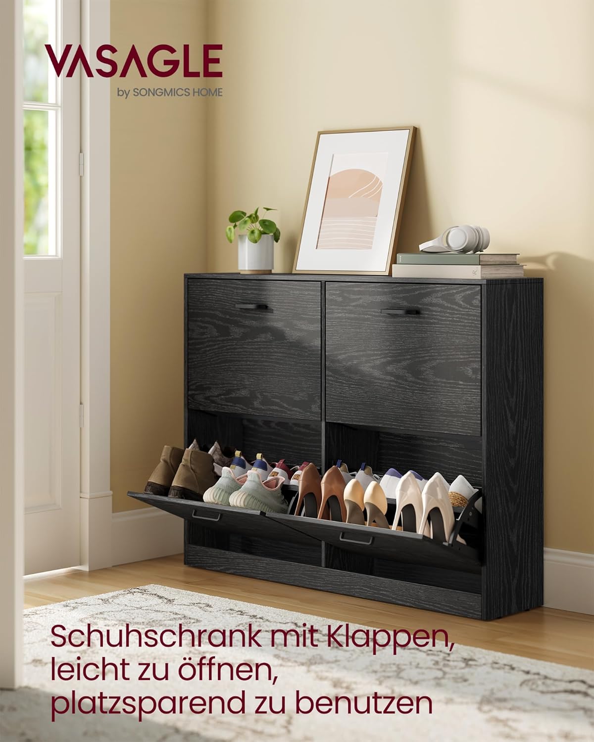 VASAGLE Výklopný botník se 4přihrádkami 106 x 83 x 24 cm černá