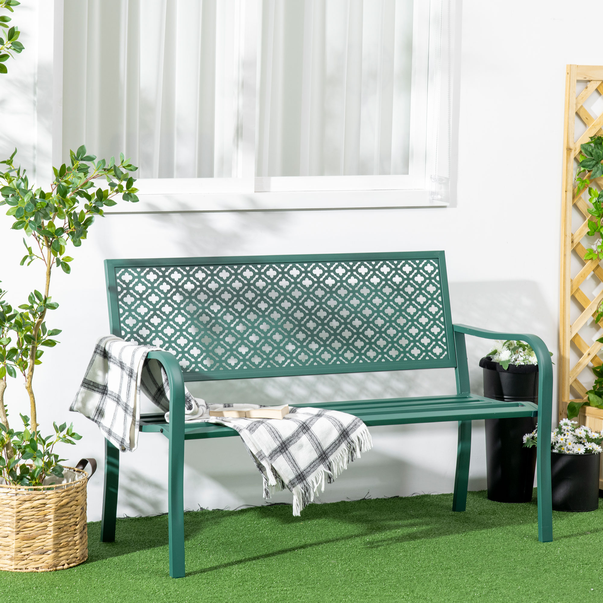 Zahradní lavice HOMCOM nosnost 280 kg 127 x 63 x 83 cm tmavě zelená