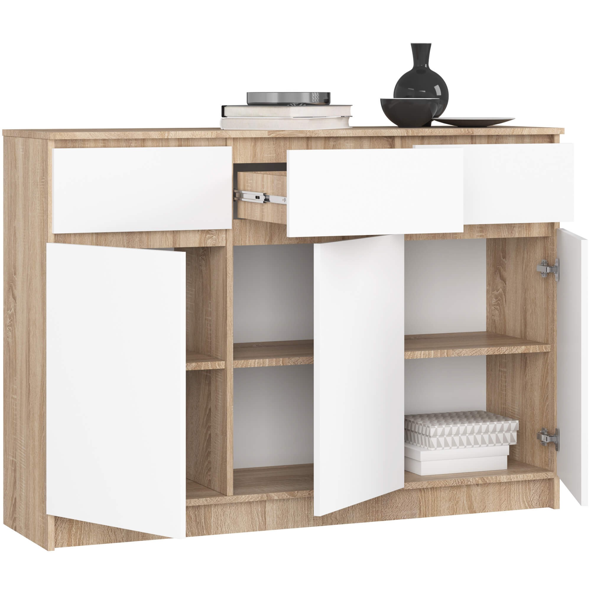 Ak furniture Komoda Karolína 140 cm 3 skříňky a 3 šuplíky dub sonoma/bílá - Obrázek 2