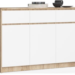 Ak furniture Komoda Karolína 140 cm 3 skříňky a 3 šuplíky dub sonoma/bílá