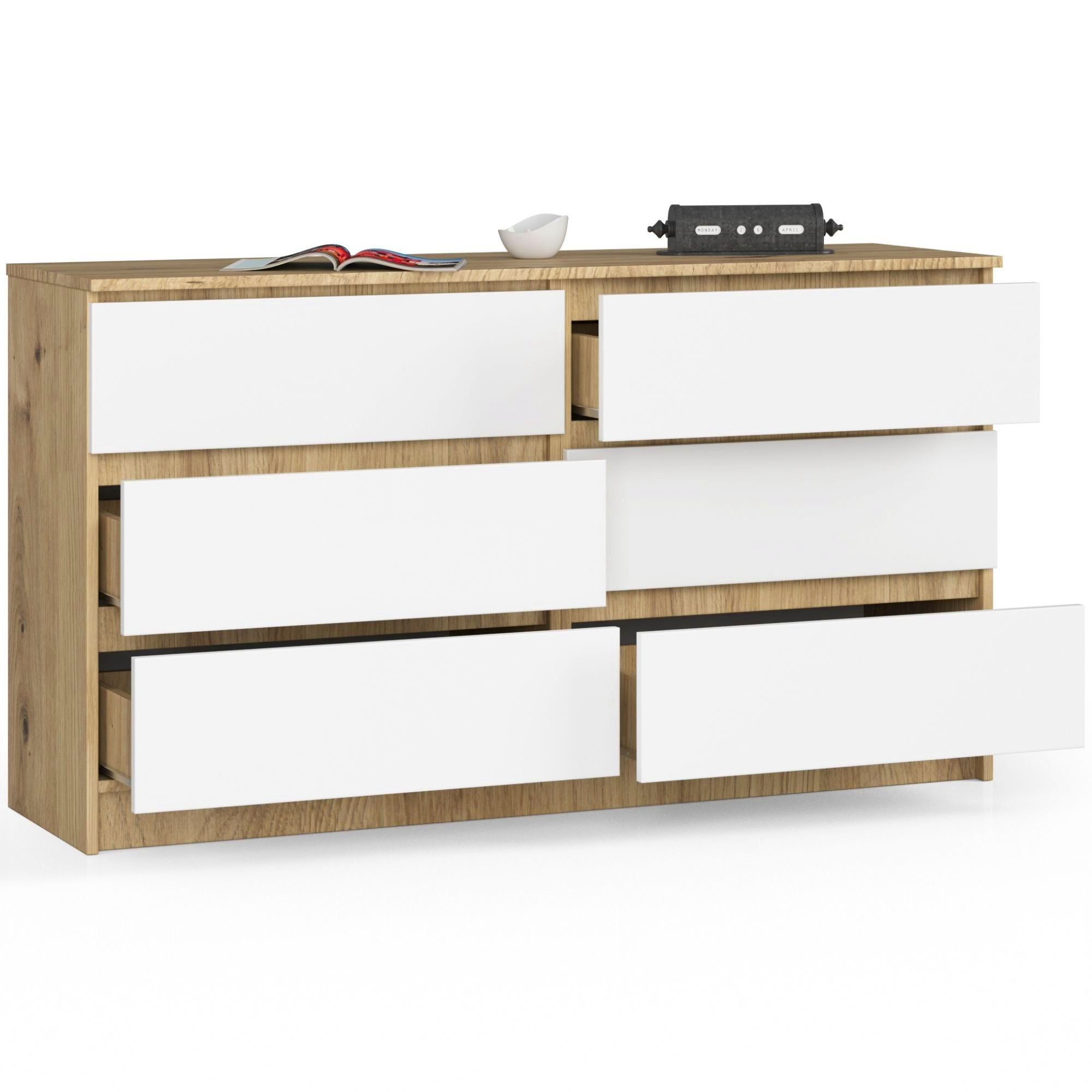 Ak furniture Komoda Kuba 140 cm 6 šuplíků dub artisan/bílá - Obrázek 2