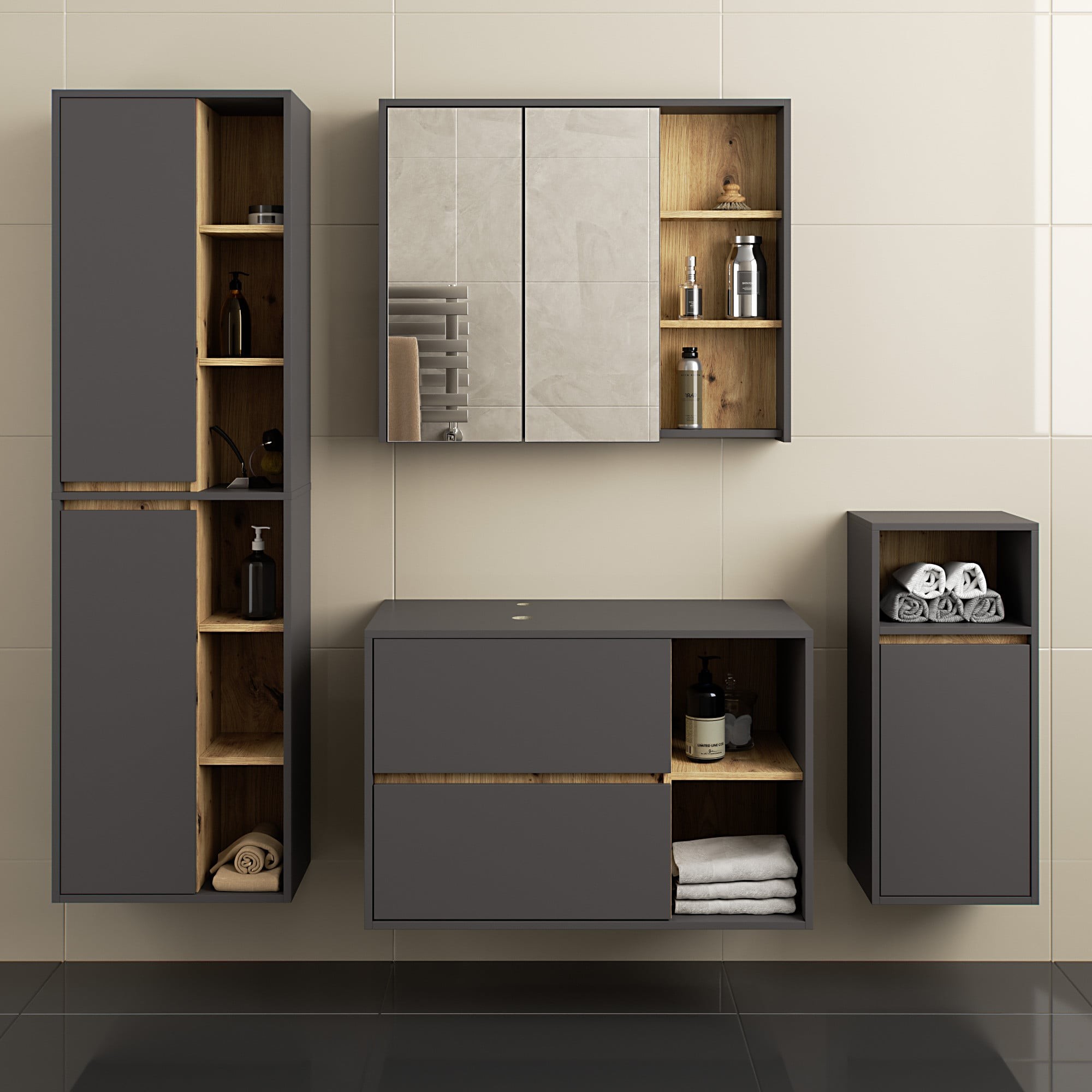 Ak furniture Koupelnová sestava VAMI II grafitově šedý/dub artisan - Obrázek 2