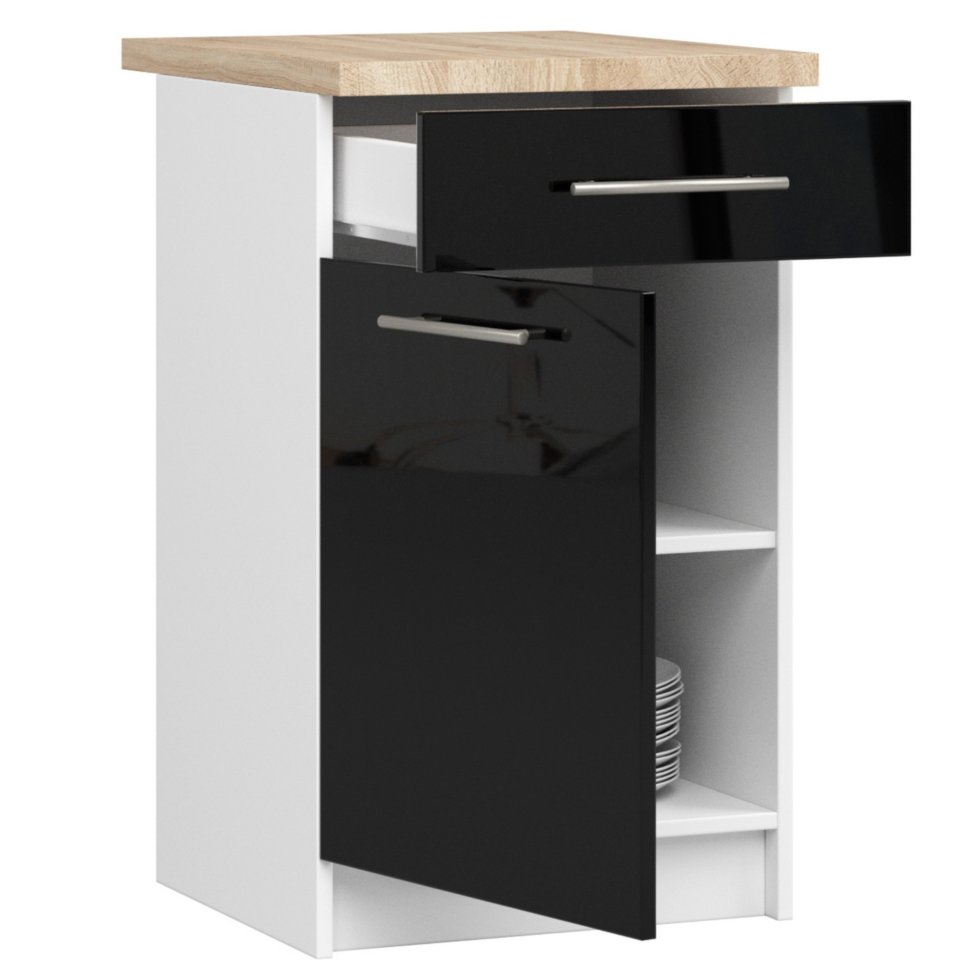 Ak furniture Kuchyňská skříňka Olivie S 50 cm 1D 1S bílá/černý lesk/dub sonoma - Obrázek 2
