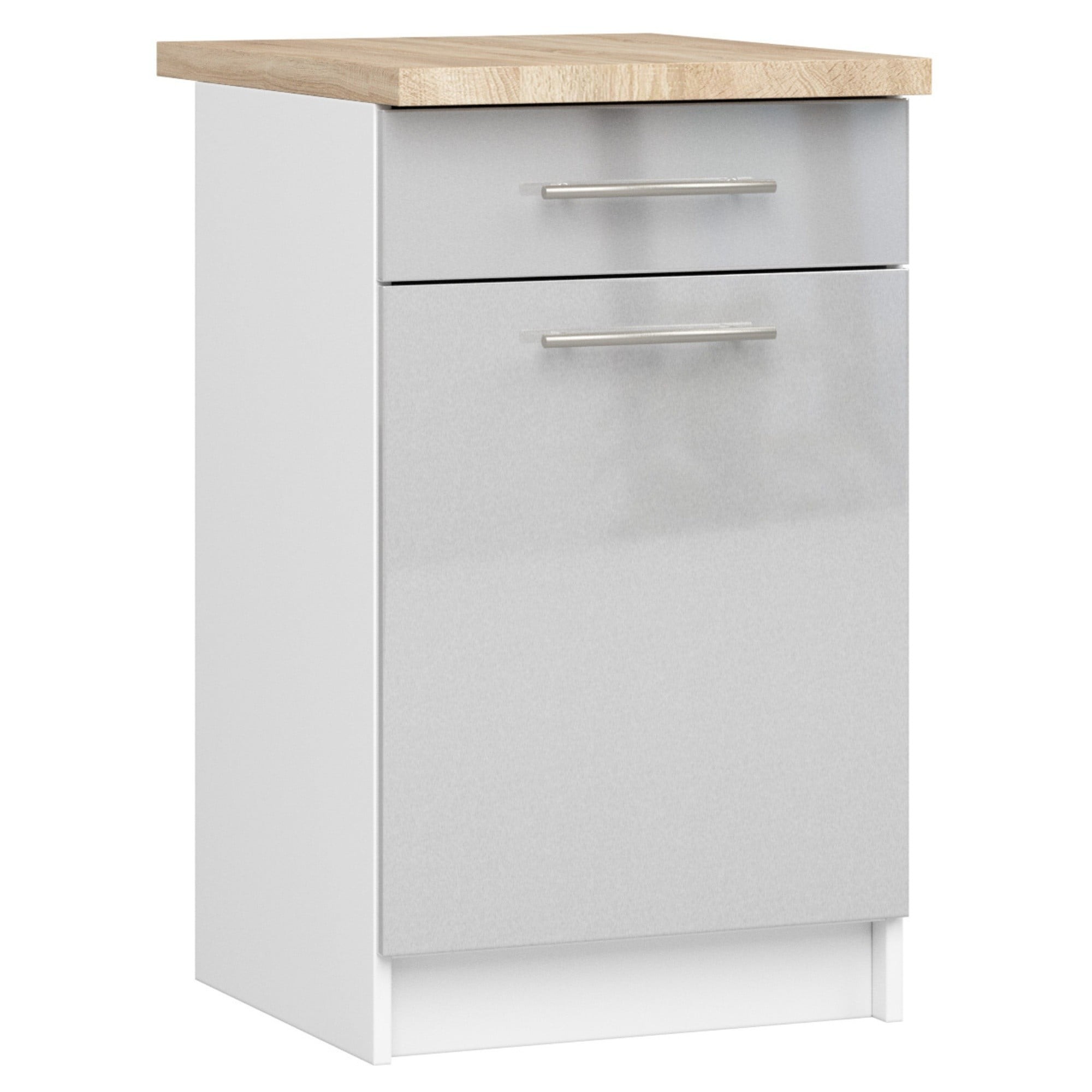 Ak furniture Kuchyňská skříňka Olivie S 50 cm 1D 1S bílá/metalický lesk/dub sonoma