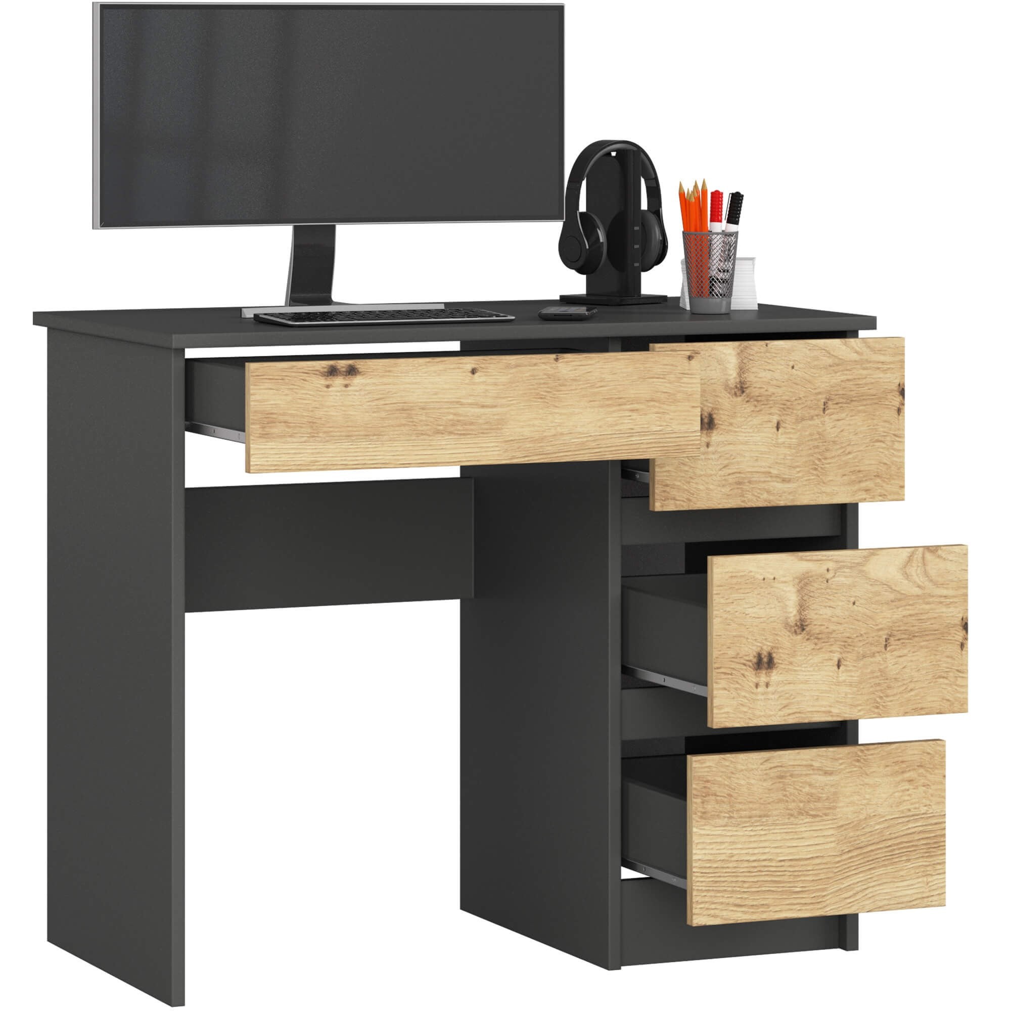 Ak furniture Psací stůl A-7 90 cm grafitově šedý/dub artisan pravý - Obrázek 2