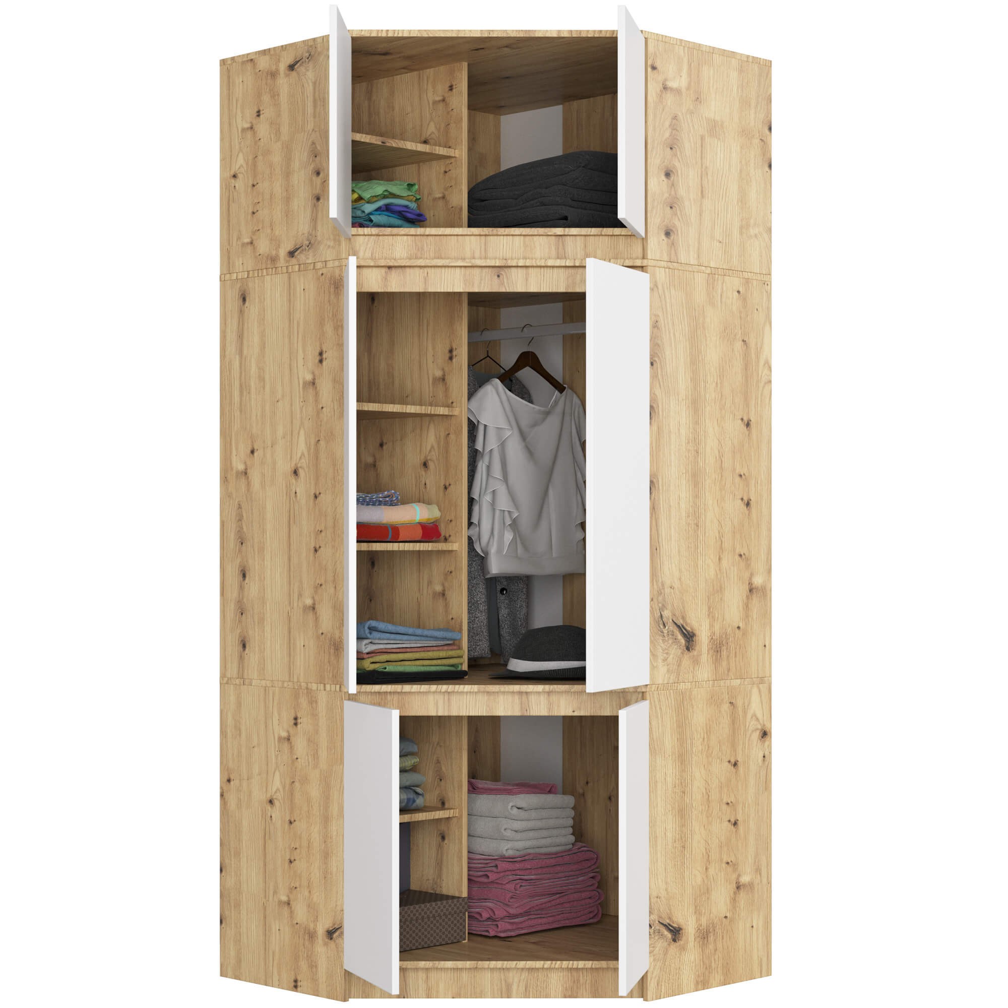 Ak furniture Rohová šatní skříň CLP 100 cm 6D dub artisan/bílá - Obrázek 2