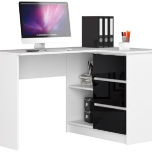 Ak furniture Rohový psací stůl B16 124 cm bílý/černý lesk pravý