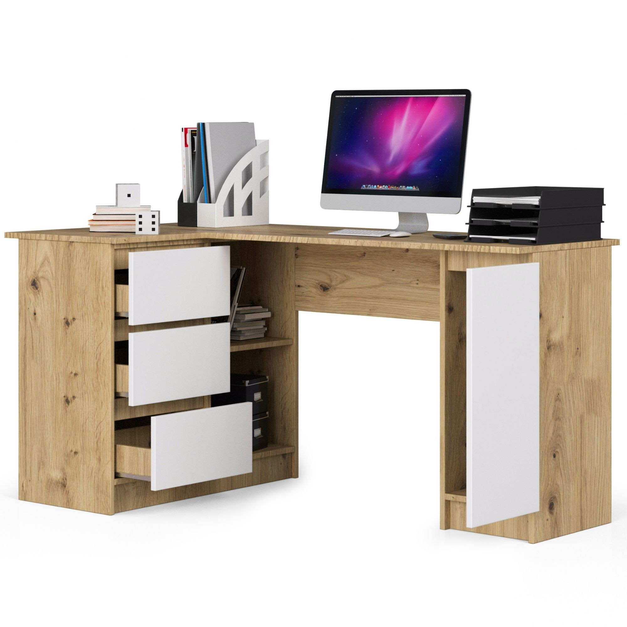 Ak furniture Rohový psací stůl B20 155 cm dub artisan/bílý levý - Obrázek 2