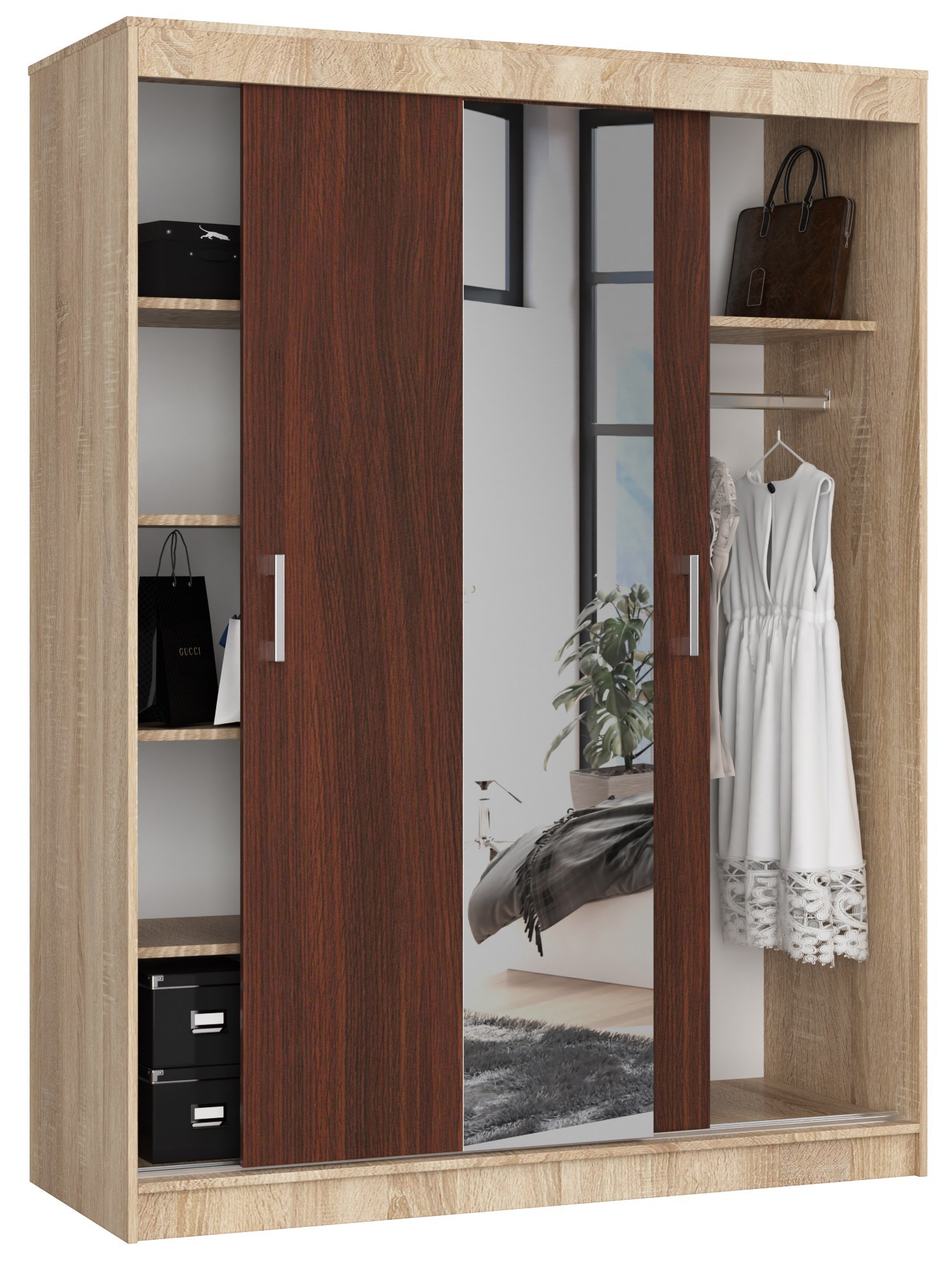 Ak furniture Šatní skříň se zrcadlem Reton 150 cm dub sonoma/wenge - Obrázek 2