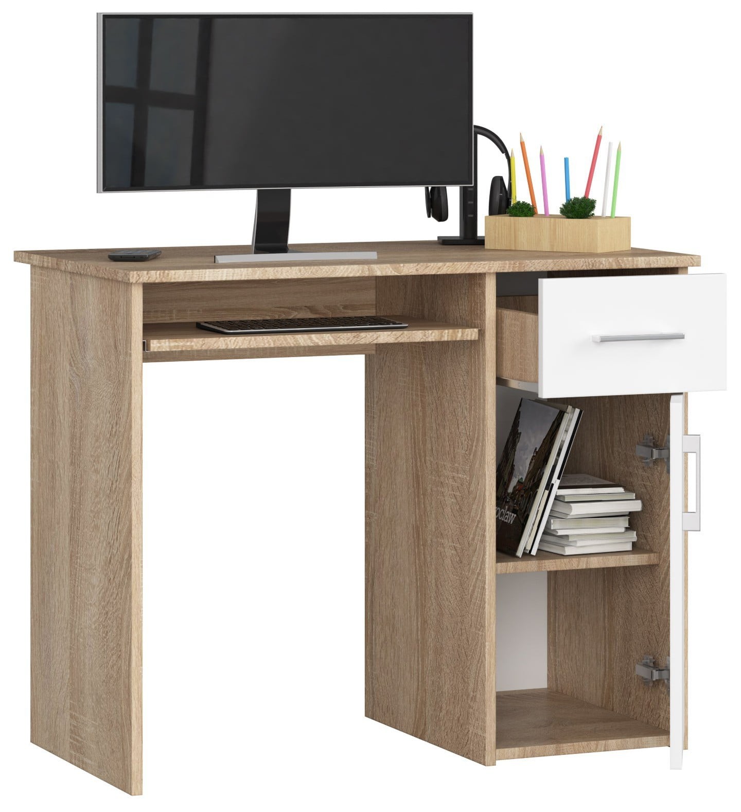 Ak furniture Volně stojící psací stůl Pin 90 cm dub sonoma/bílý - Obrázek 2