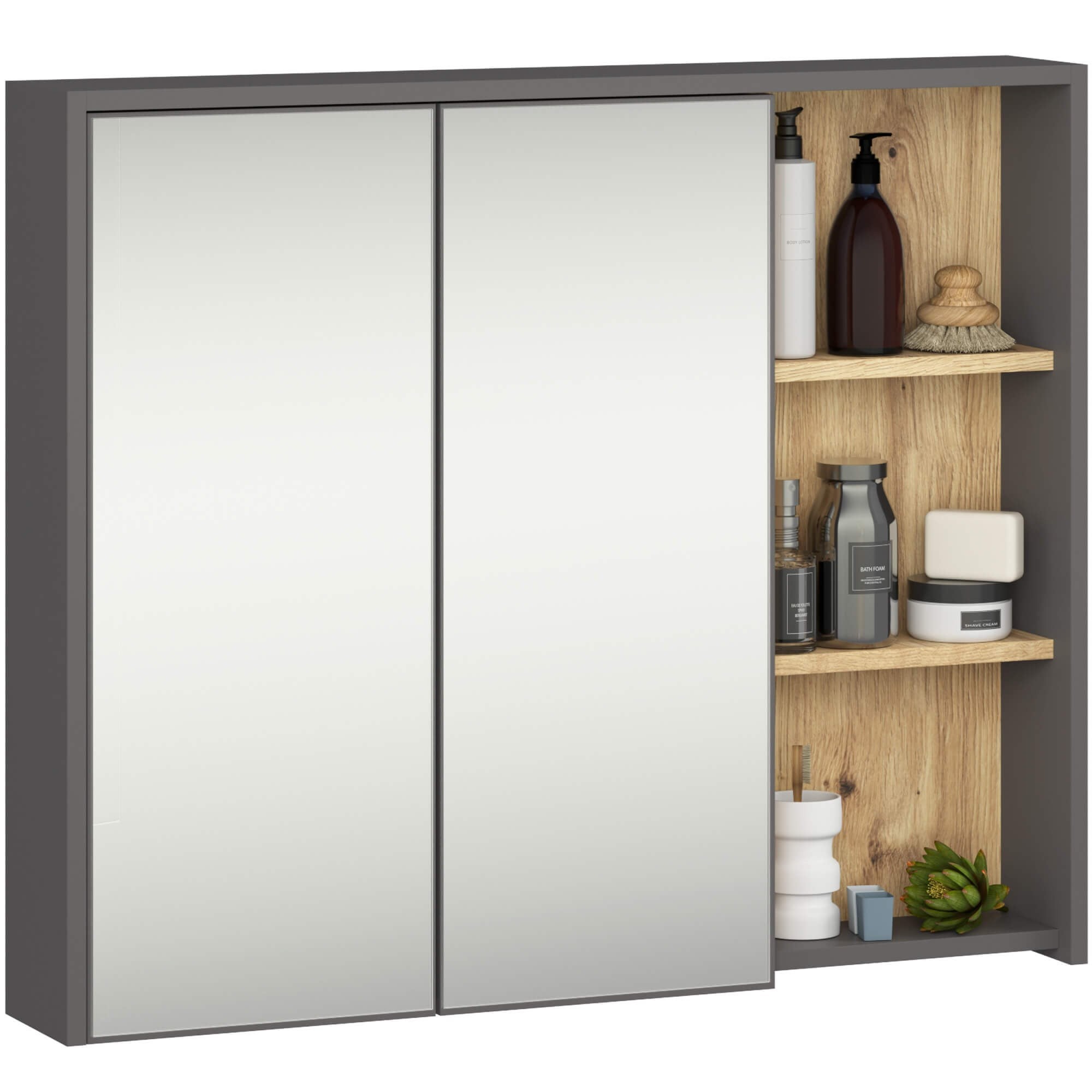Ak furniture Závěsná koupelnová skříňka se zrcadlem VAMI 90 cm šedý grafit/dub artisan