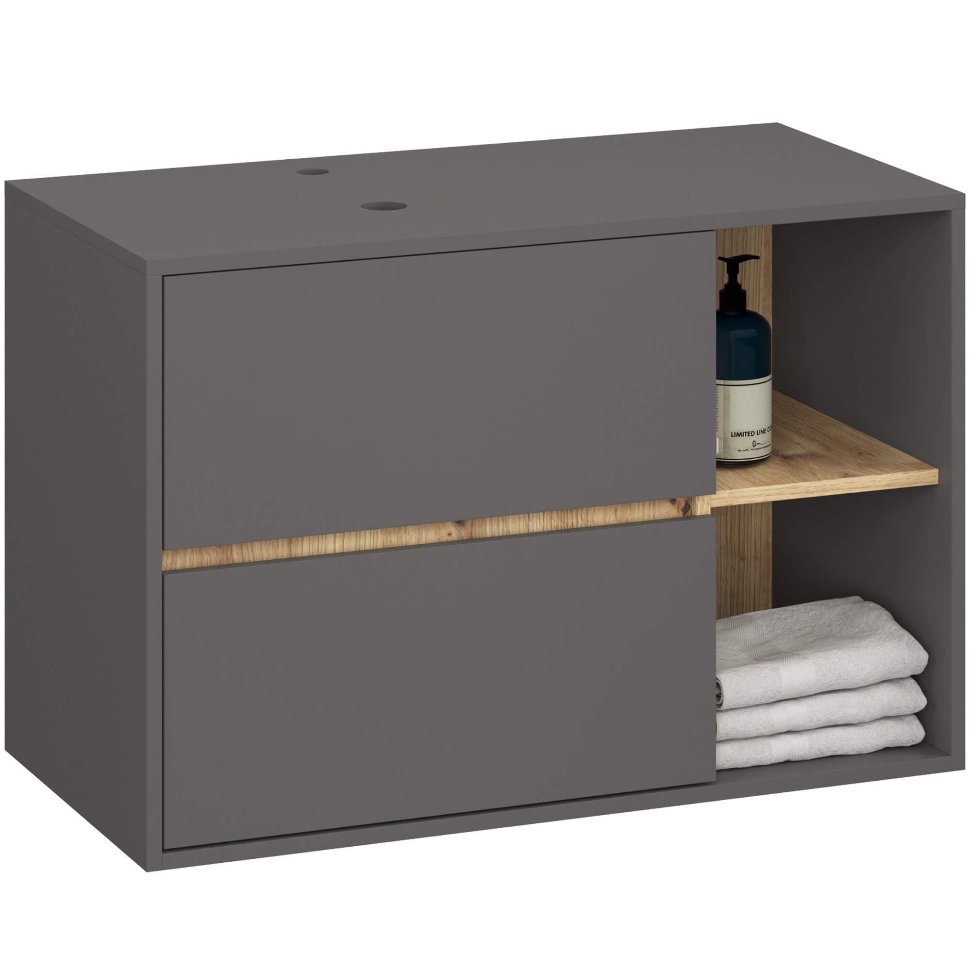 Ak furniture Závěsná skříňka pod umyvadlo VAMI s otvory 90 cm šedý grafit/dub artisan