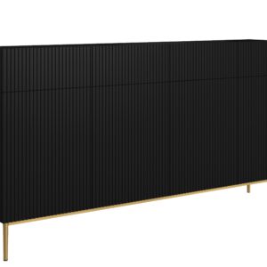 Bogart Čtyřdveřová komoda Nical 200 cm s zásuvkami s ryhovaným čelem - černý mat/zlaté nohy