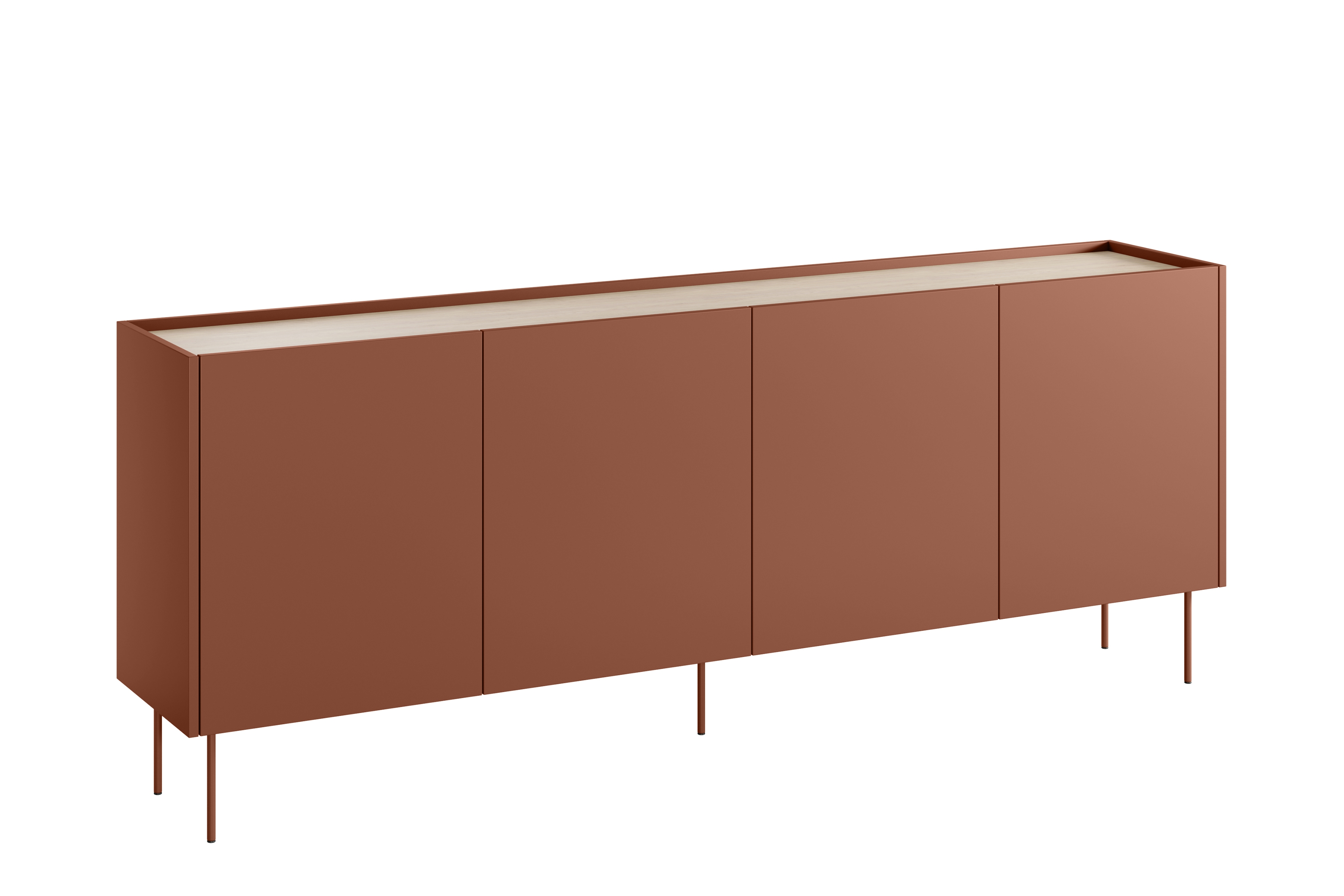 Bogart Moderní komoda Defin 220 cm čtyřdveřová se dvěma skrytými zásuvkami - ceramic red/dub nagano