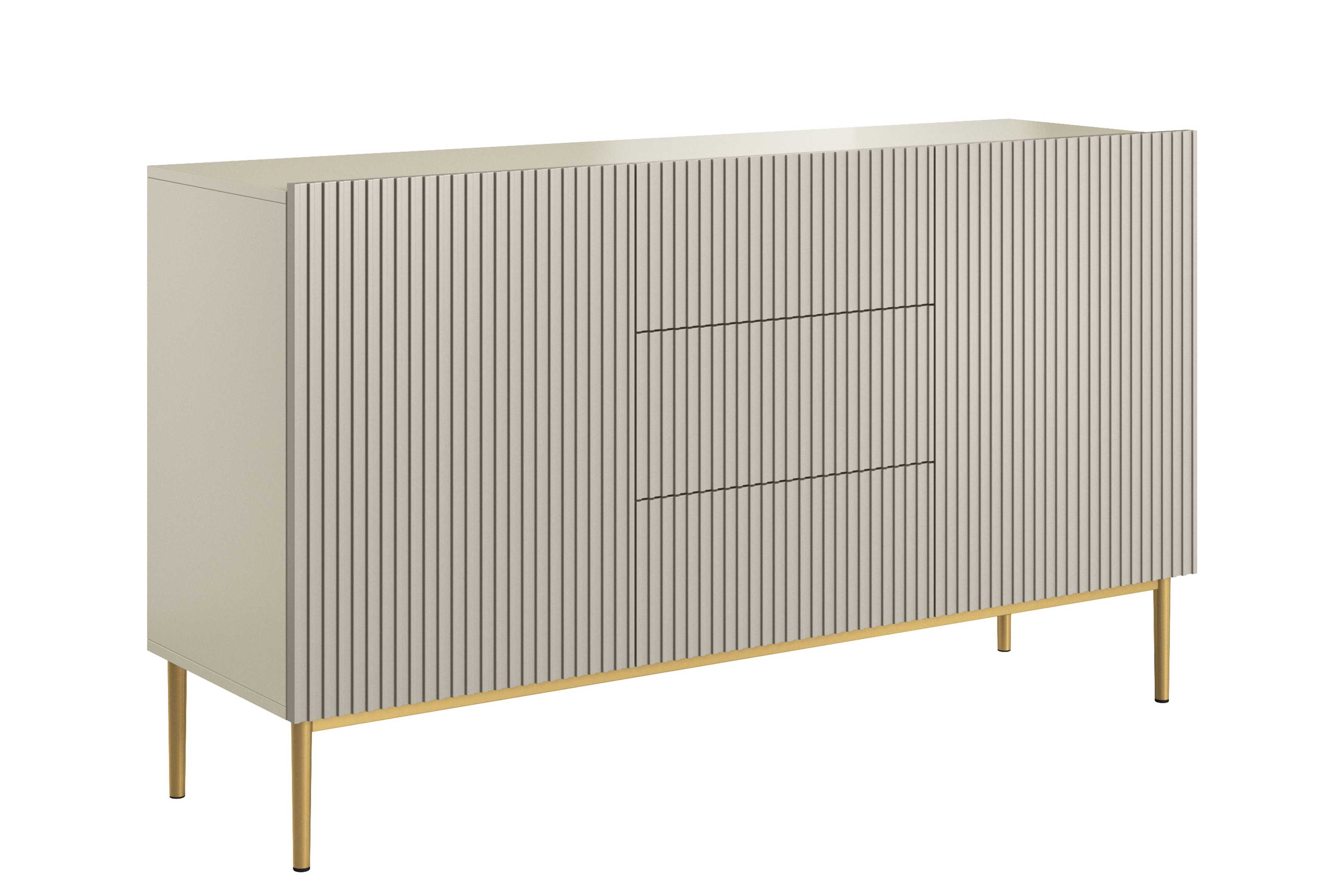 Bogart Moderní komoda Nical 150 cm s šuplíky a ryhovaným čelem - kašmír/zlaté nožky