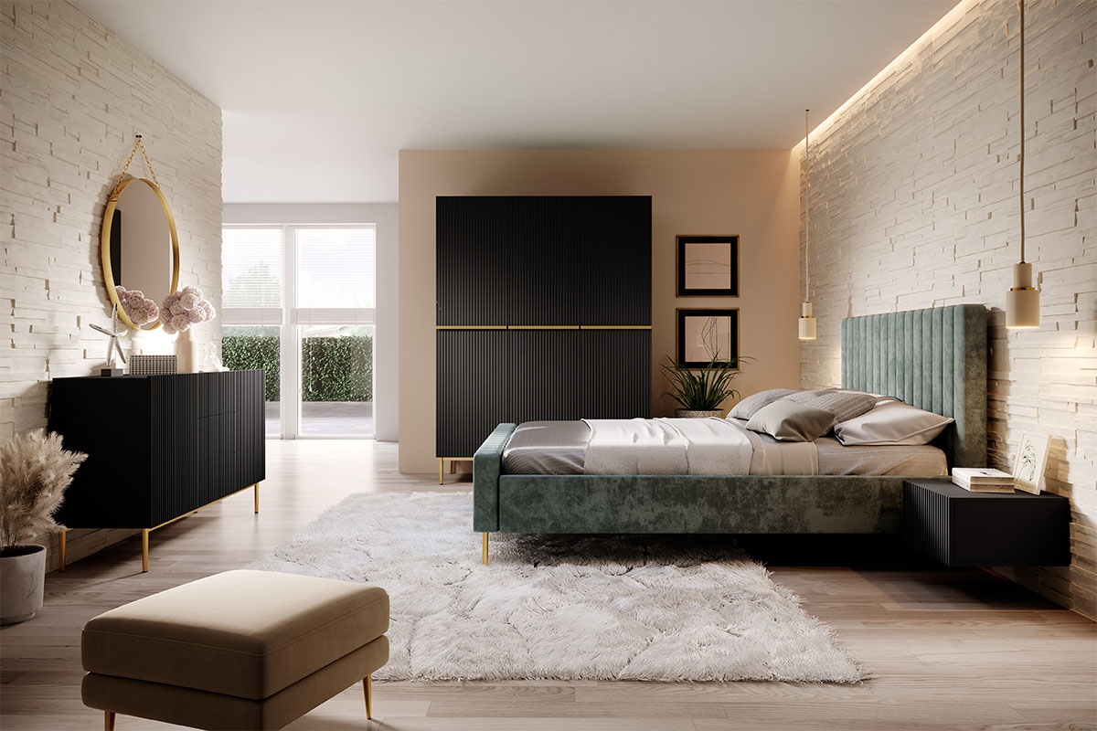 Bogart Moderní komoda Nical 150 cm s zásuvkami a ryhovaným čelem - černá matná/zlaté nožky - Obrázek 2