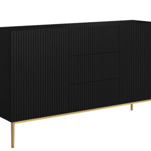 Bogart Moderní komoda Nical 150 cm s zásuvkami a ryhovaným čelem - černá matná/zlaté nožky