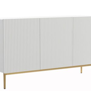 Bogart Moderní komoda Nical 150 cm třídveřová s ryhovaným čelem - bílý mat/zlaté nožky