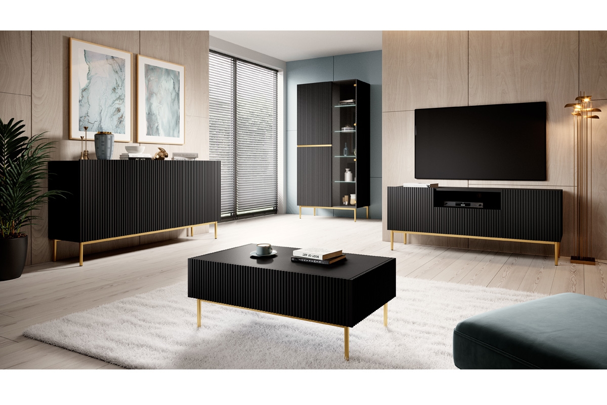 Bogart Moderní komoda Nical 150 cm třídveřová s ryhovaným čelem - černá matná/zlaté nohy - Obrázek 2